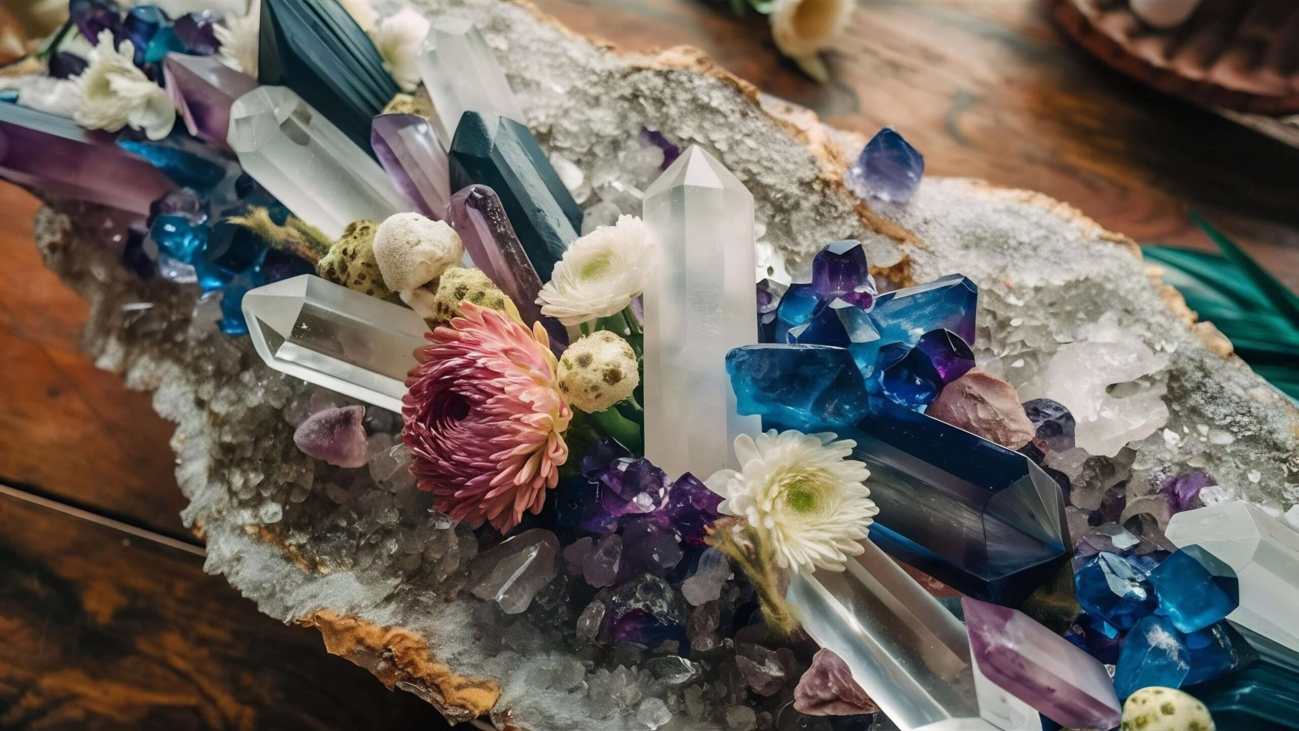 A stunning arrangement of crystals and flowers representing crystal healing sets, showcasing vibrant colors and natural beauty.