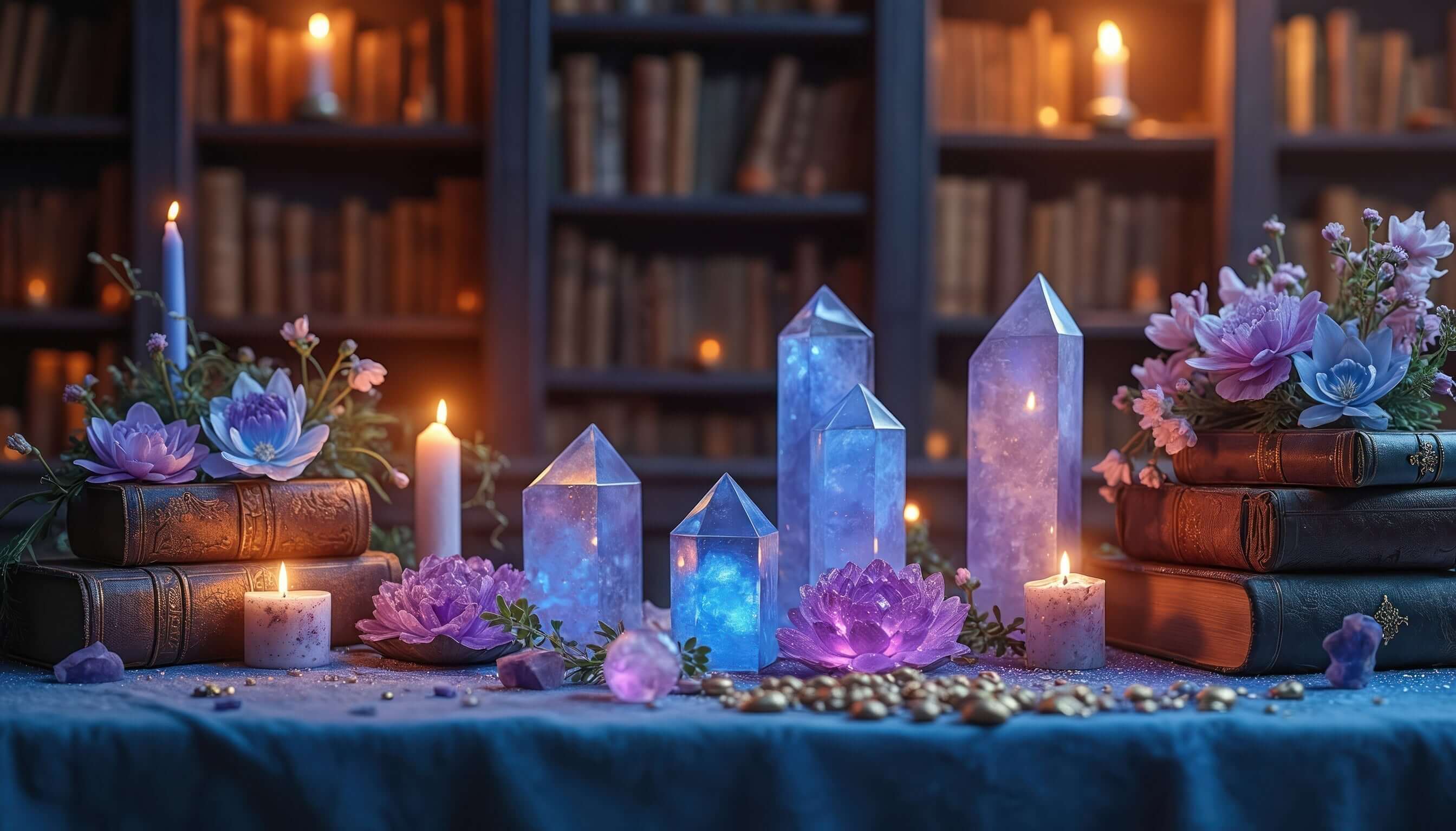 A mystical setup with crystals, flowers, and candles representing psychic sisters tarot decks in an enchanting library.