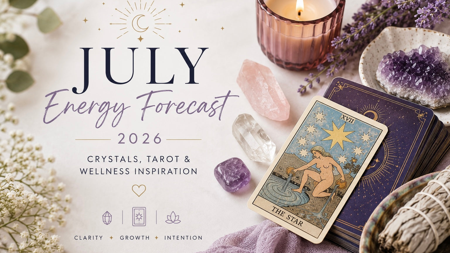 Citrine crystal and tarot cards from the Oceanic Tarot Deck for July energy forecast