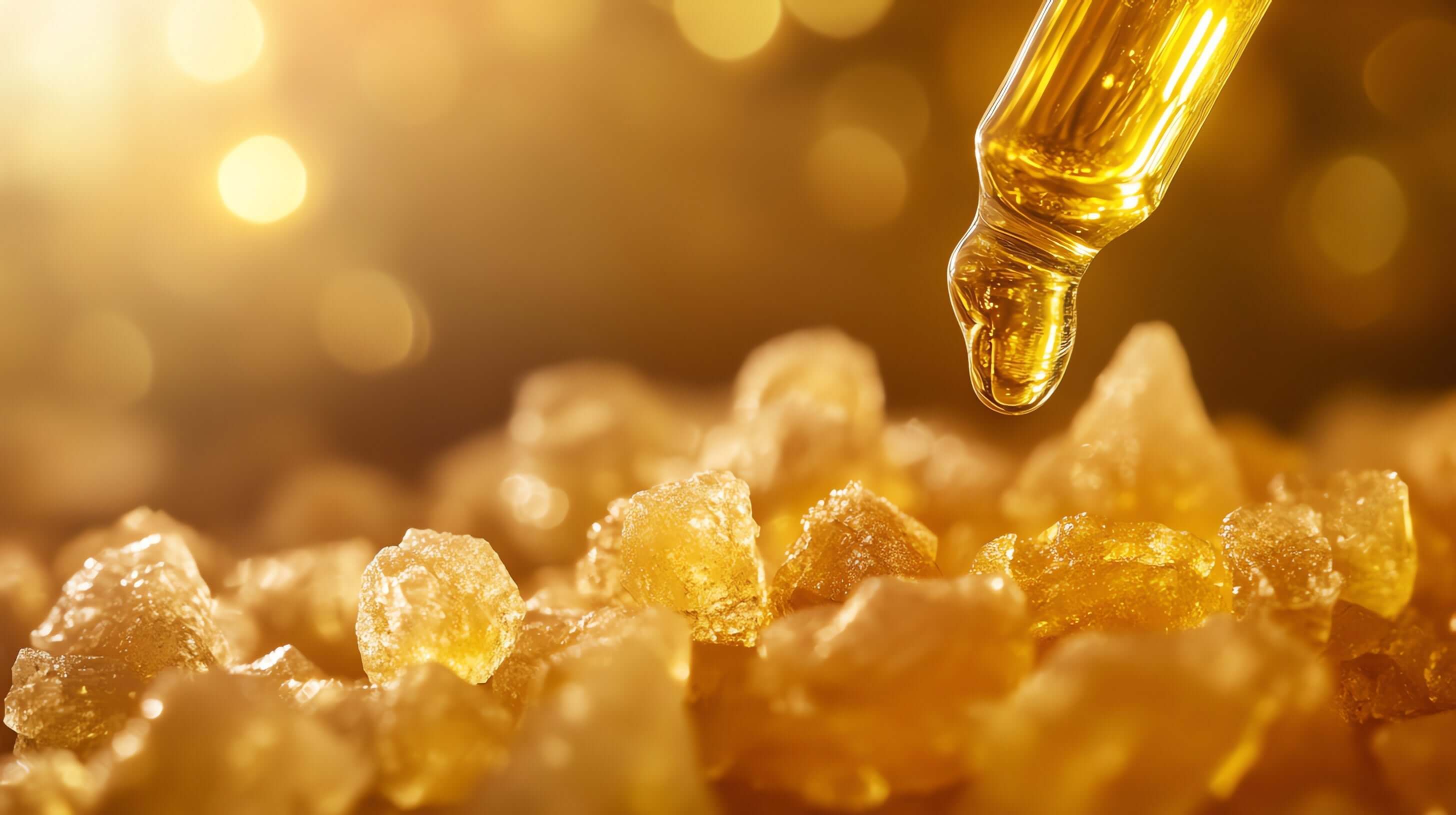A dropper releasing oil over golden crystals, highlighting the essence of rosemary hair care products.