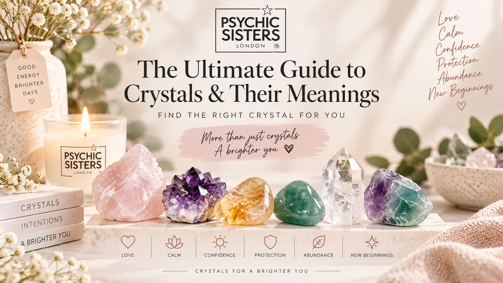 A selection of healing crystals including Rose Quartz, Amethyst, Citrine and Green Fluorite arranged on a surface