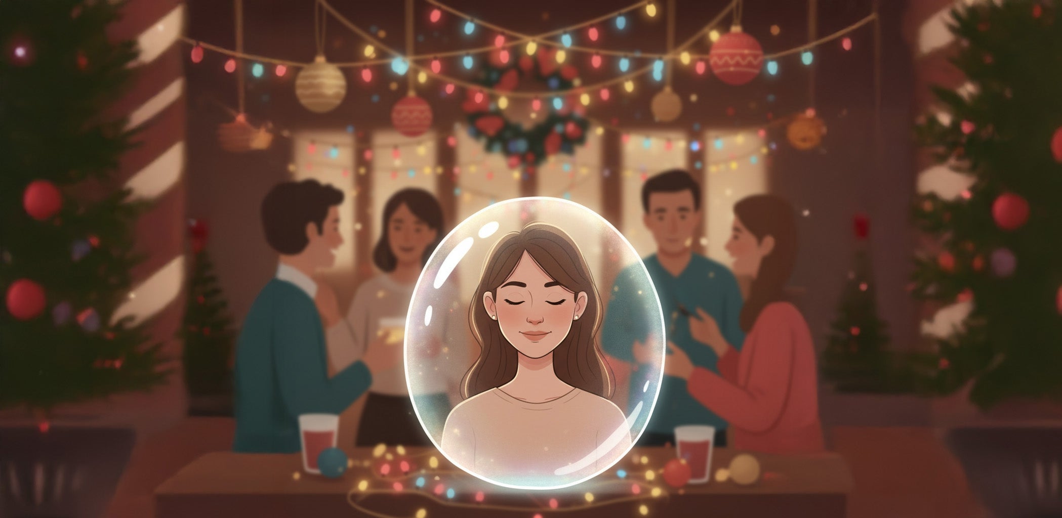 A woman in a bubble during a festive gathering, focusing on spiritual tools for holiday anxiety.