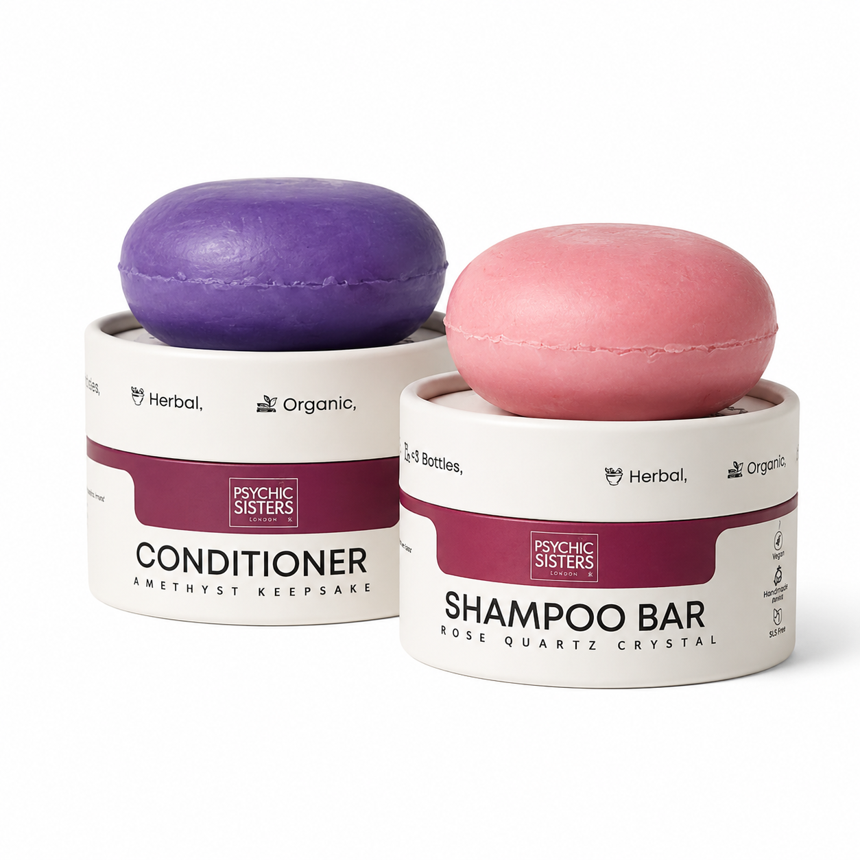 Luxury hair care collection featuring Psychic Sisters Conditioner and Shampoo Bar with Rose Quartz crystal.