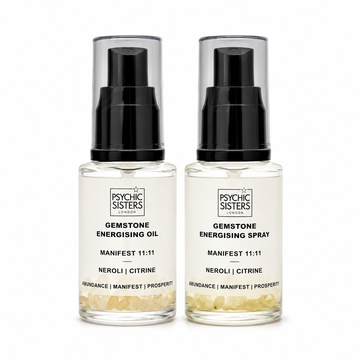 Psychic Sisters affirmation aura mists collection featuring organic oils and gemstones for clarity and peace of mind.