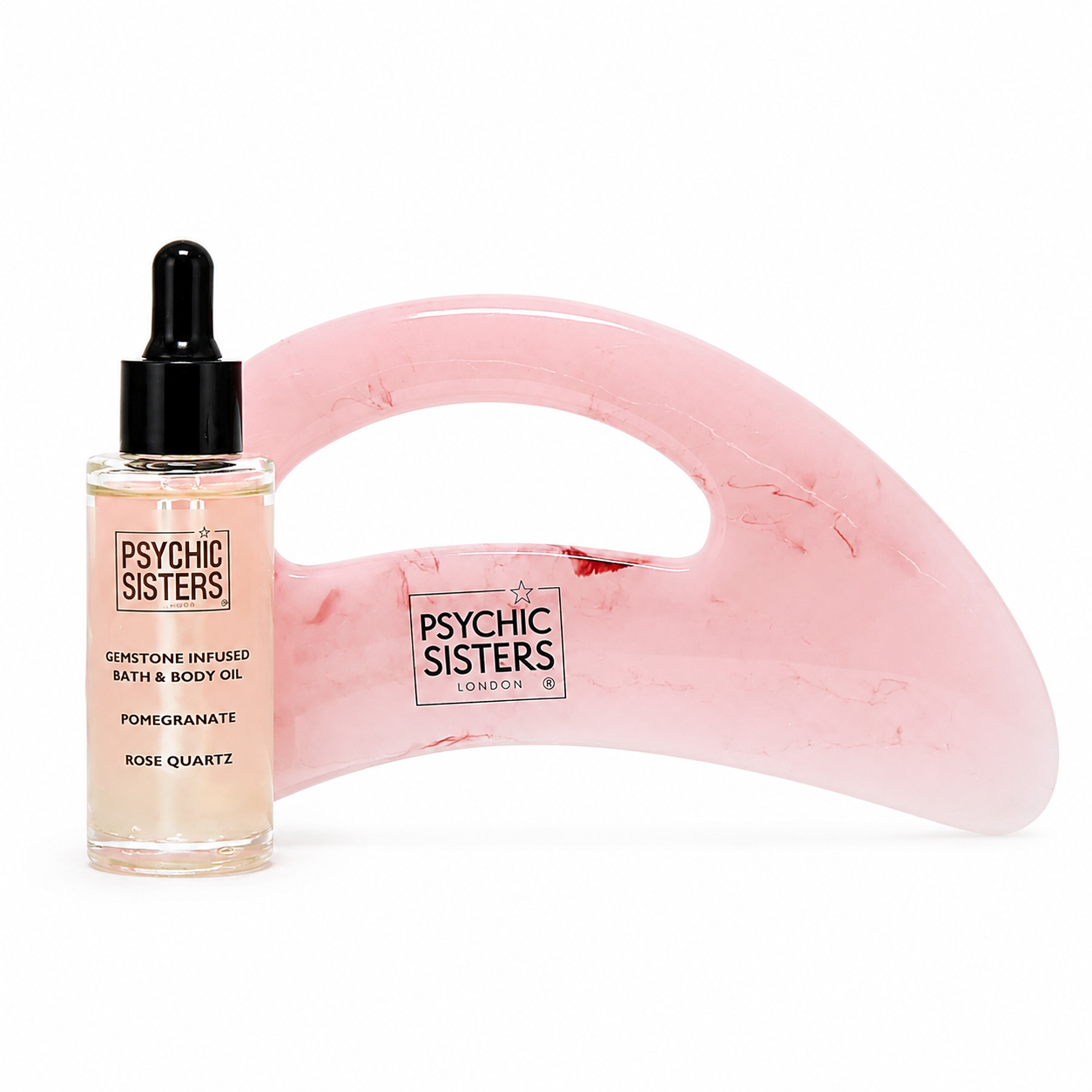 Psychic Sisters self-care product bundles featuring gemstone infused bath and body oil and pink scoop.