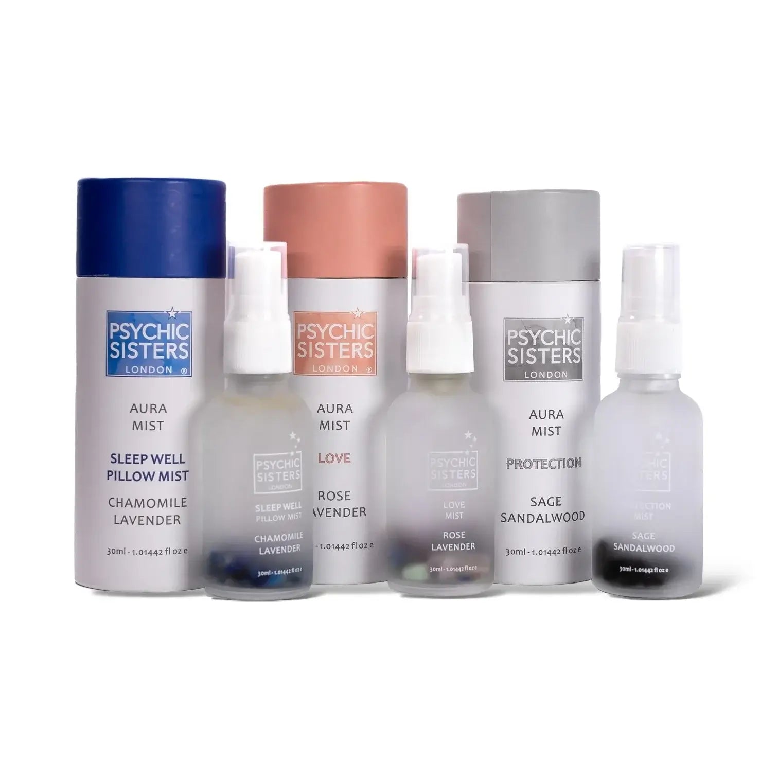 Psychic Sisters affirmation aura mists collection featuring organic oils and gemstones for clarity and peace of mind.