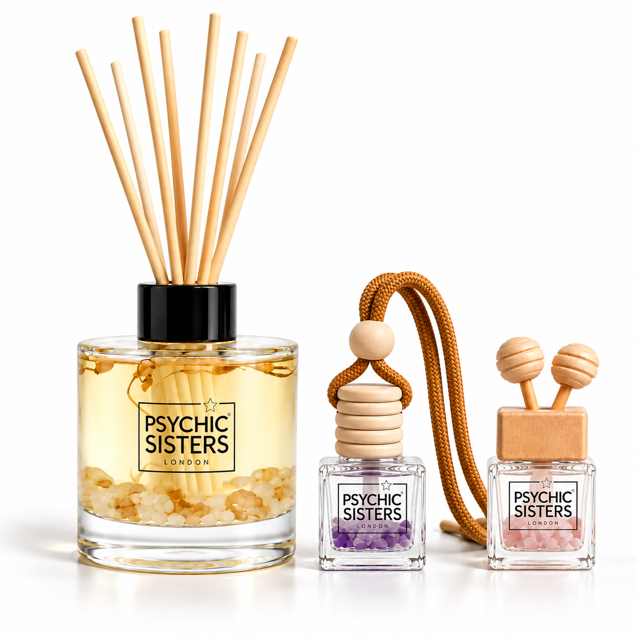Gemstone infused reed diffuser trio from Psychic Sisters, featuring calming fragrances and beautiful design.