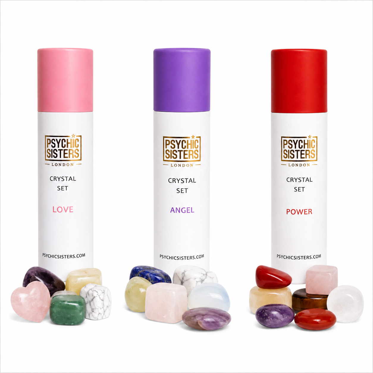 healing crystal sets featuring Psychic Sisters Love Crystal Set with assorted stones in a tube.
