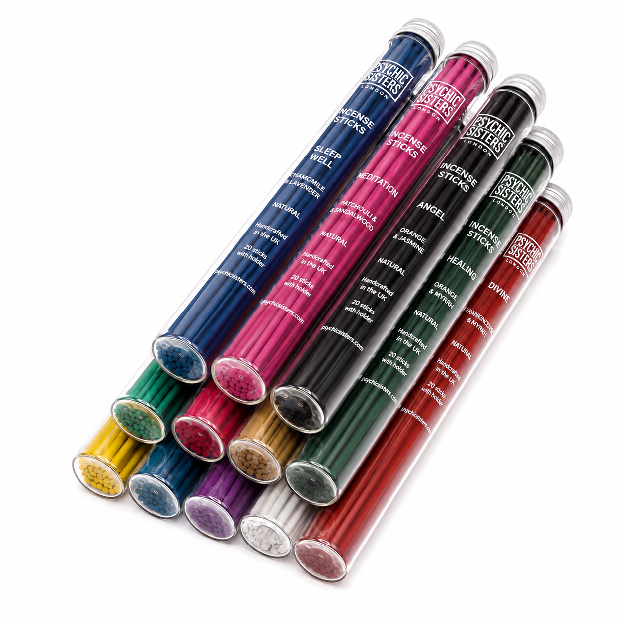 Collection of aromatic incense sticks in colorful tubes, ideal for enhancing relaxation and meditation.