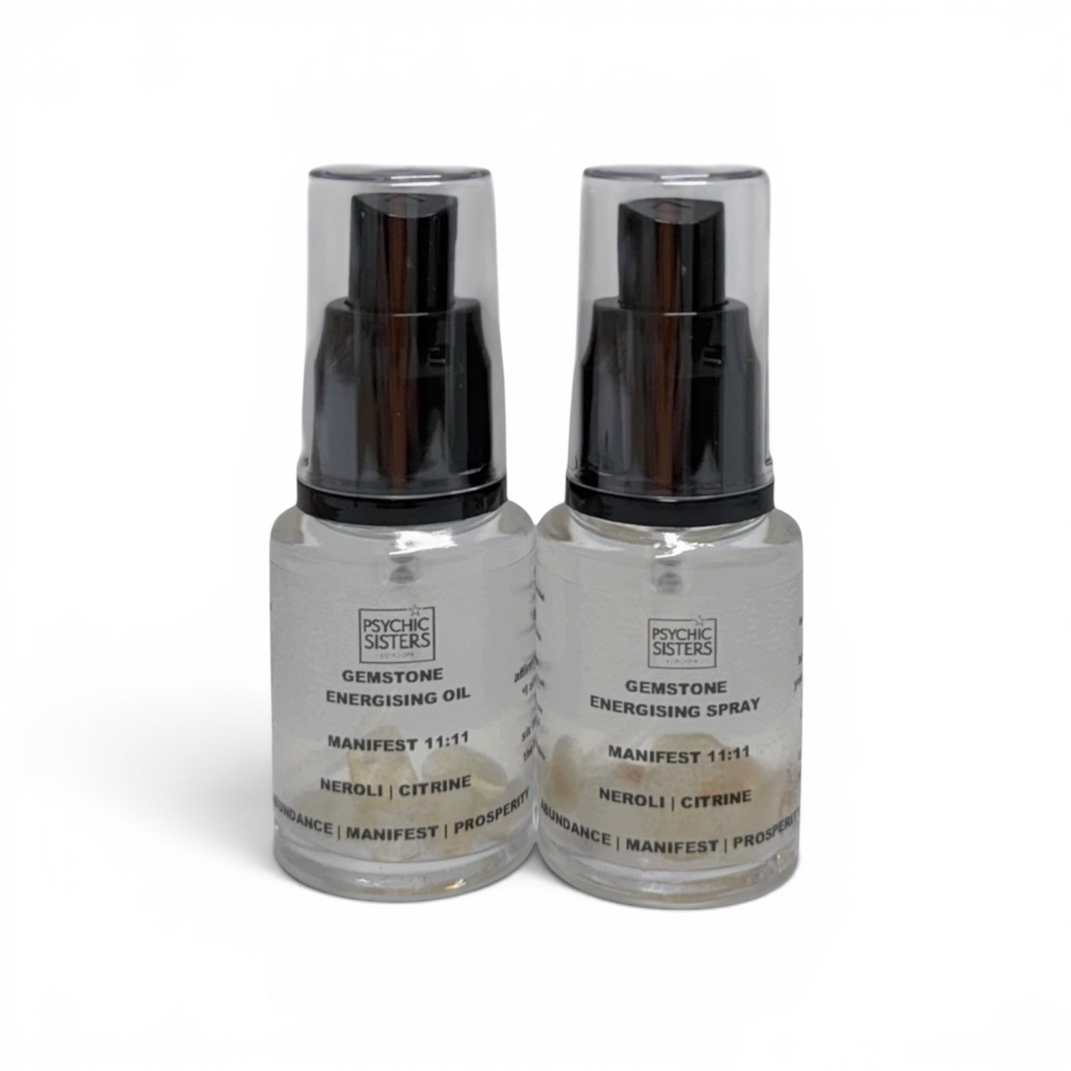 Psychic Sisters affirmation aura mists collection featuring organic oils and gemstones for clarity and peace of mind.