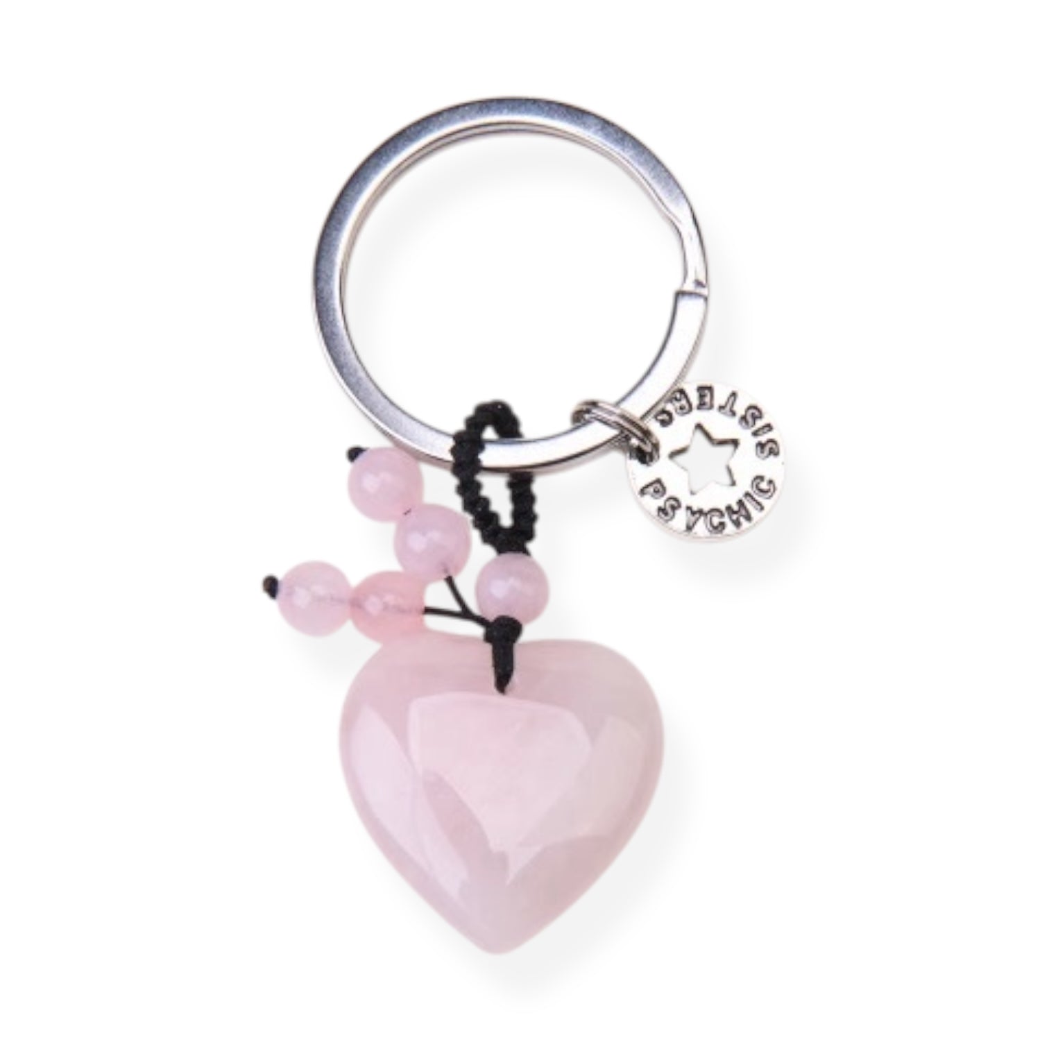 Gemstone keyring featuring a heart-shaped rose quartz pendant and decorative beads for positive energy.