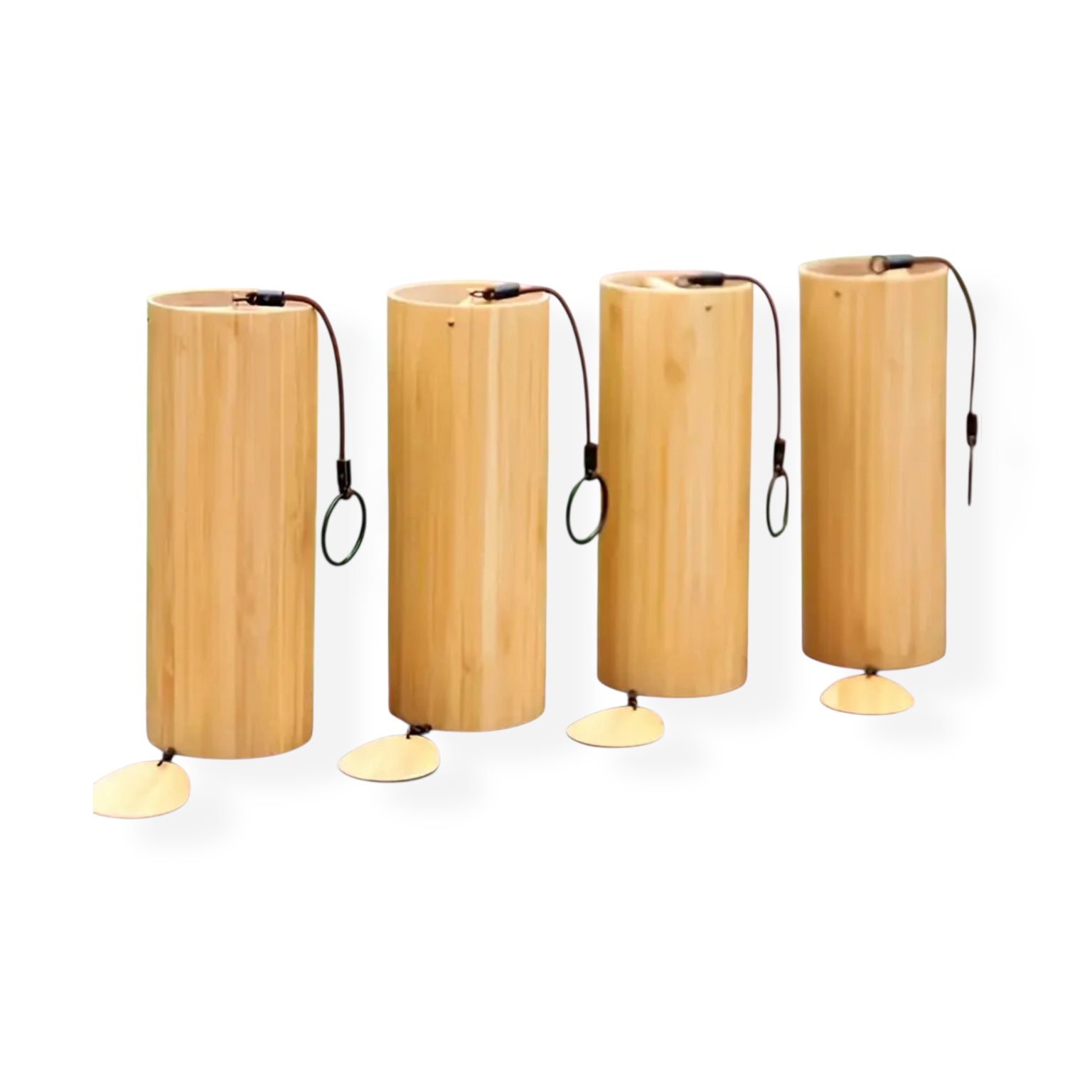 Sound healing wind chimes in a set of four wooden designs for balance and tranquility.