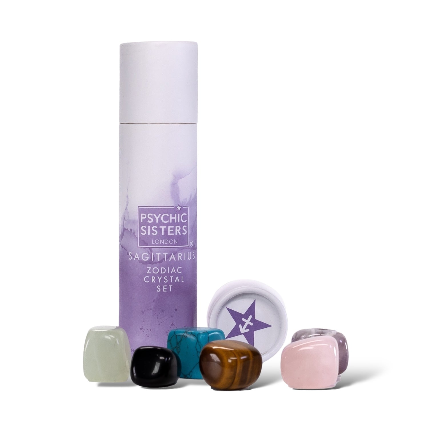 Zodiac collections of Sagittarius crystal set with colorful stones in a designed container from Psychic Sisters.
