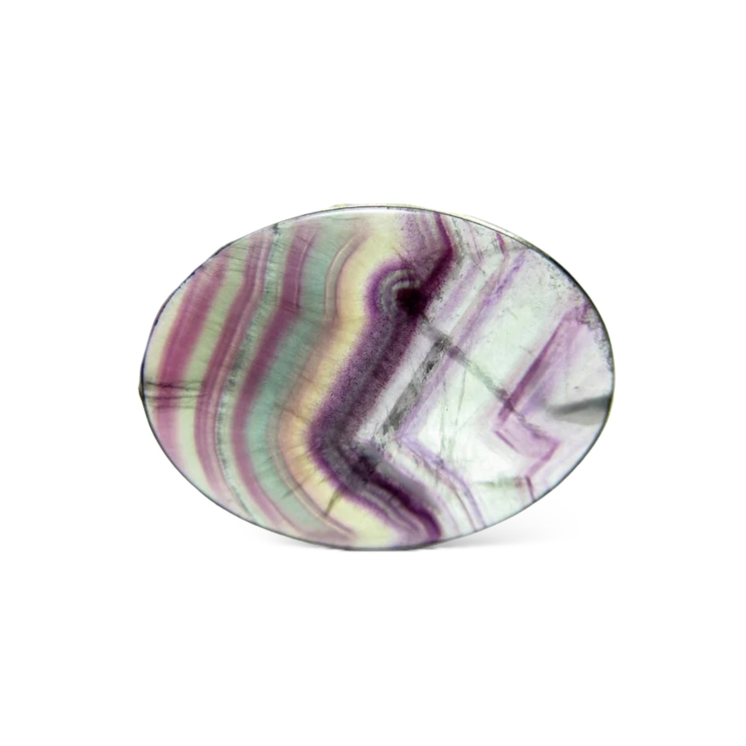 Worry stones collection featuring a polished oval stone with vibrant purple and green stripes.