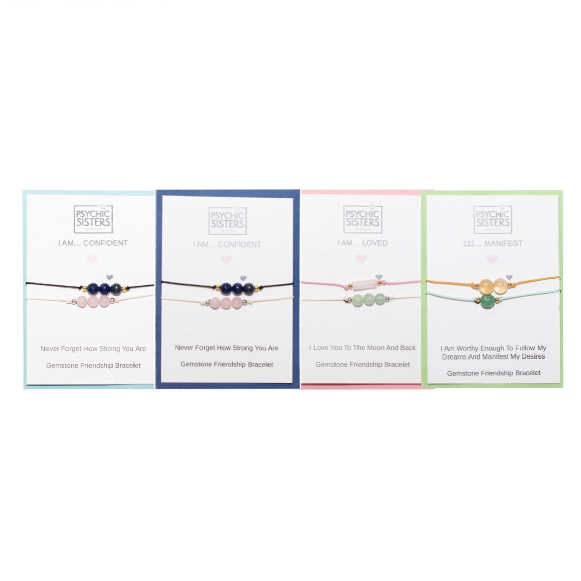 Various gemstone friendship bracelets with affirmations: I am confident, I am loved, and I manifest.