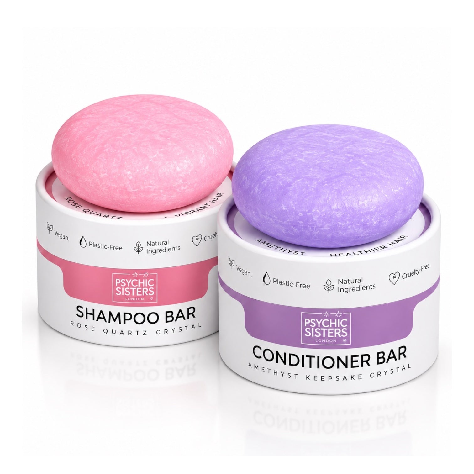 Luxury hair care collection featuring Psychic Sisters Conditioner and Shampoo Bar with Rose Quartz crystal.