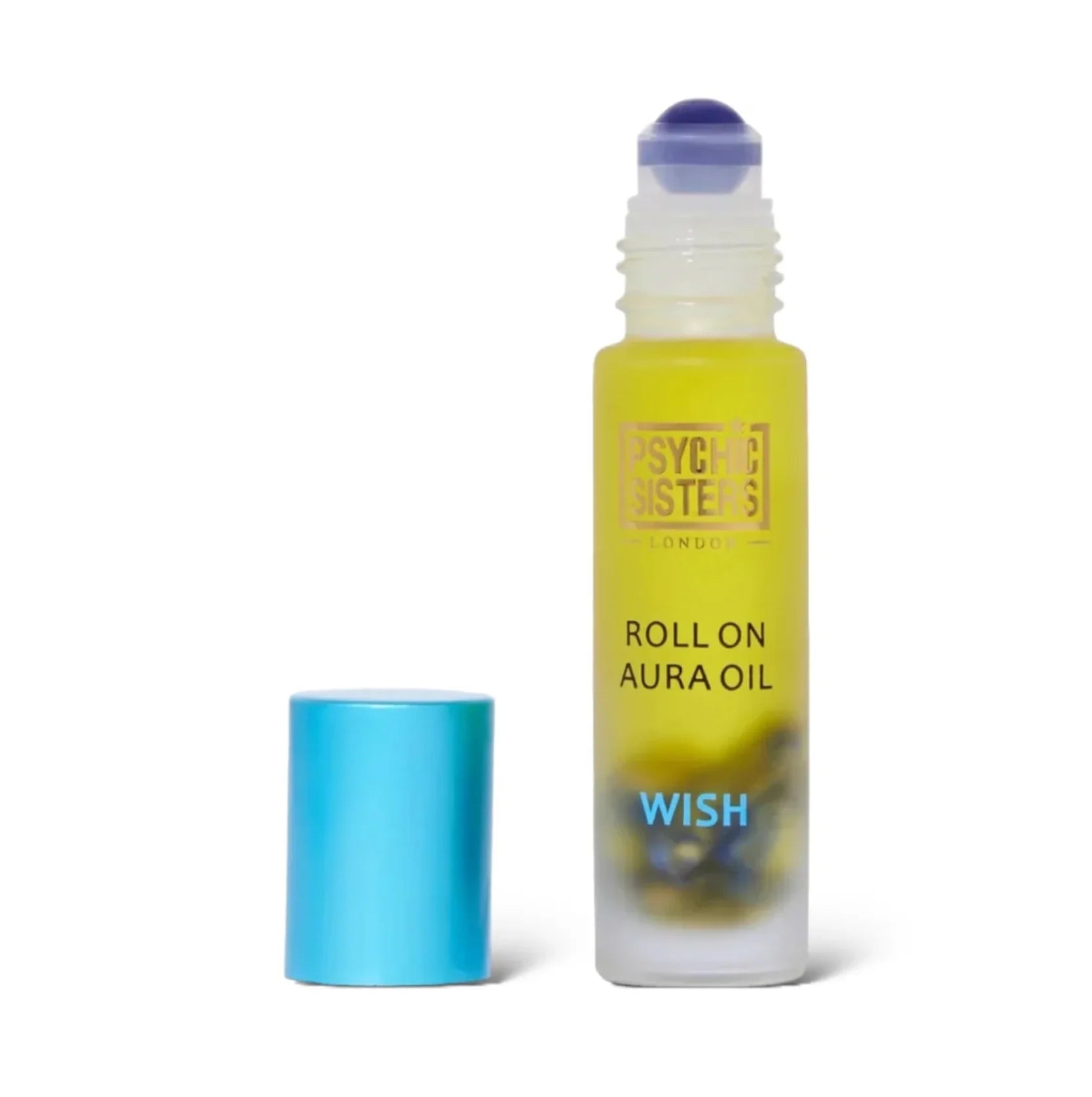 Roll On Aura Oil by Psychic Sisters in a yellow bottle labeled 'WISH' with a blue cap.