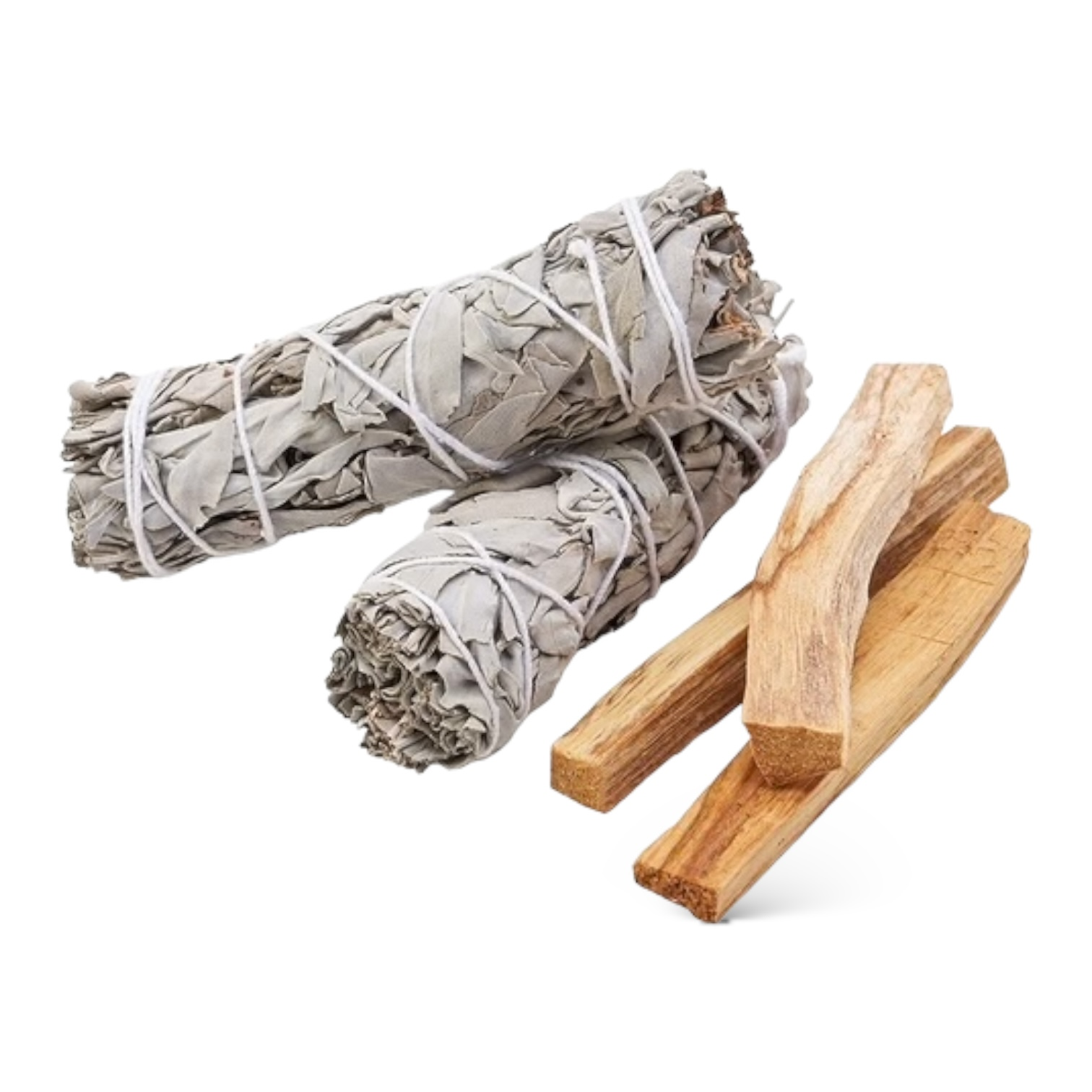 Sage and palo santo collection featuring sage bundles and palo santo wood for smoke rituals.