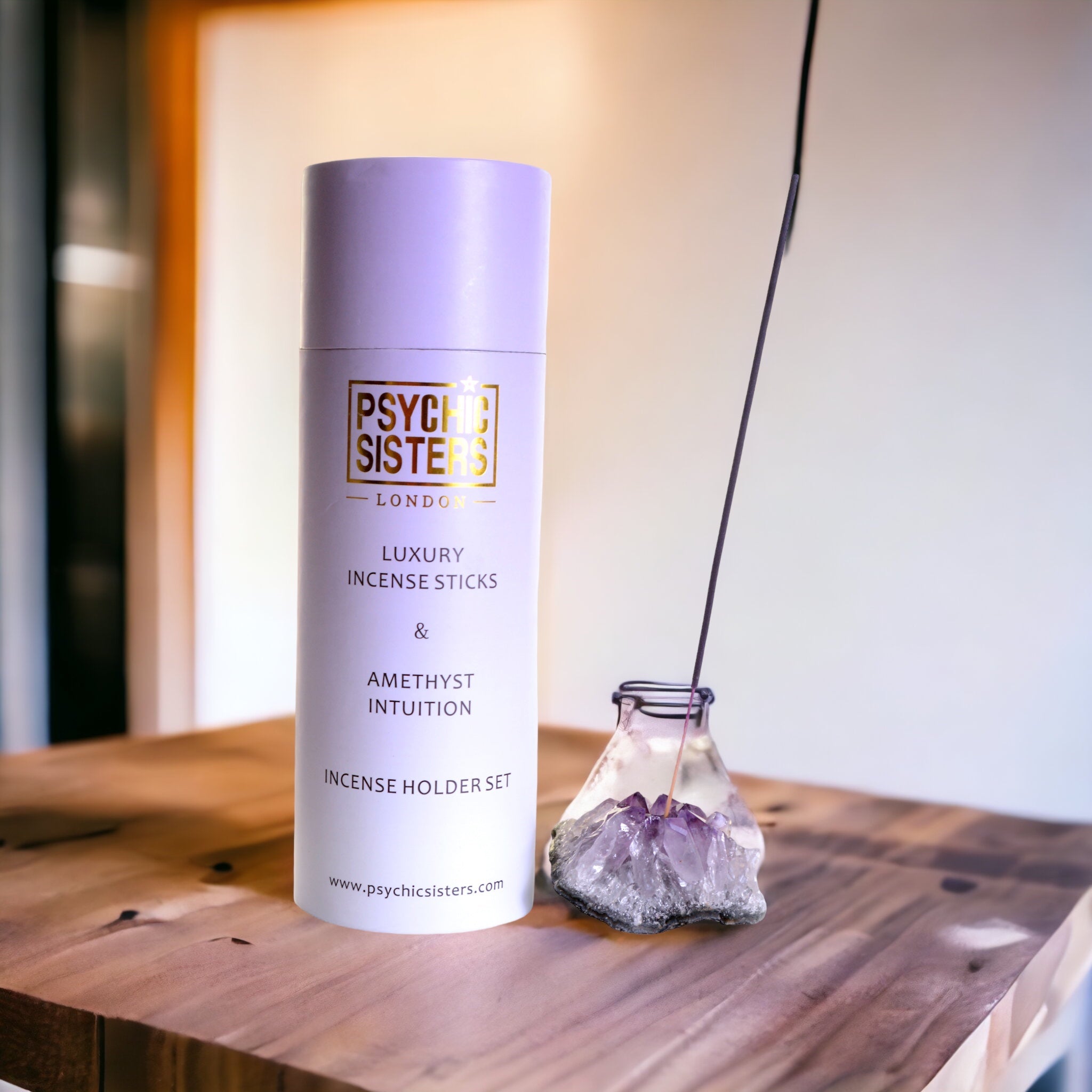 Amethyst Incense Holder Set featuring luxury incense sticks and a gemstone holder on a wooden table.