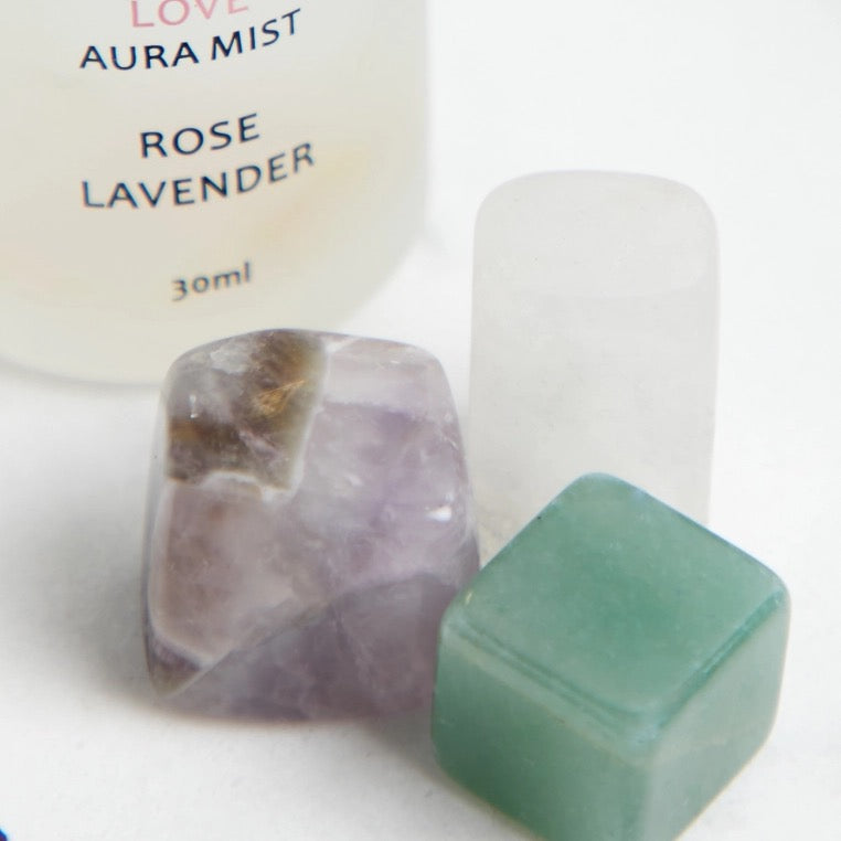 Love Ritual Set featuring rose and lavender aura mist and Reiki-energised crystals for cleansing.
