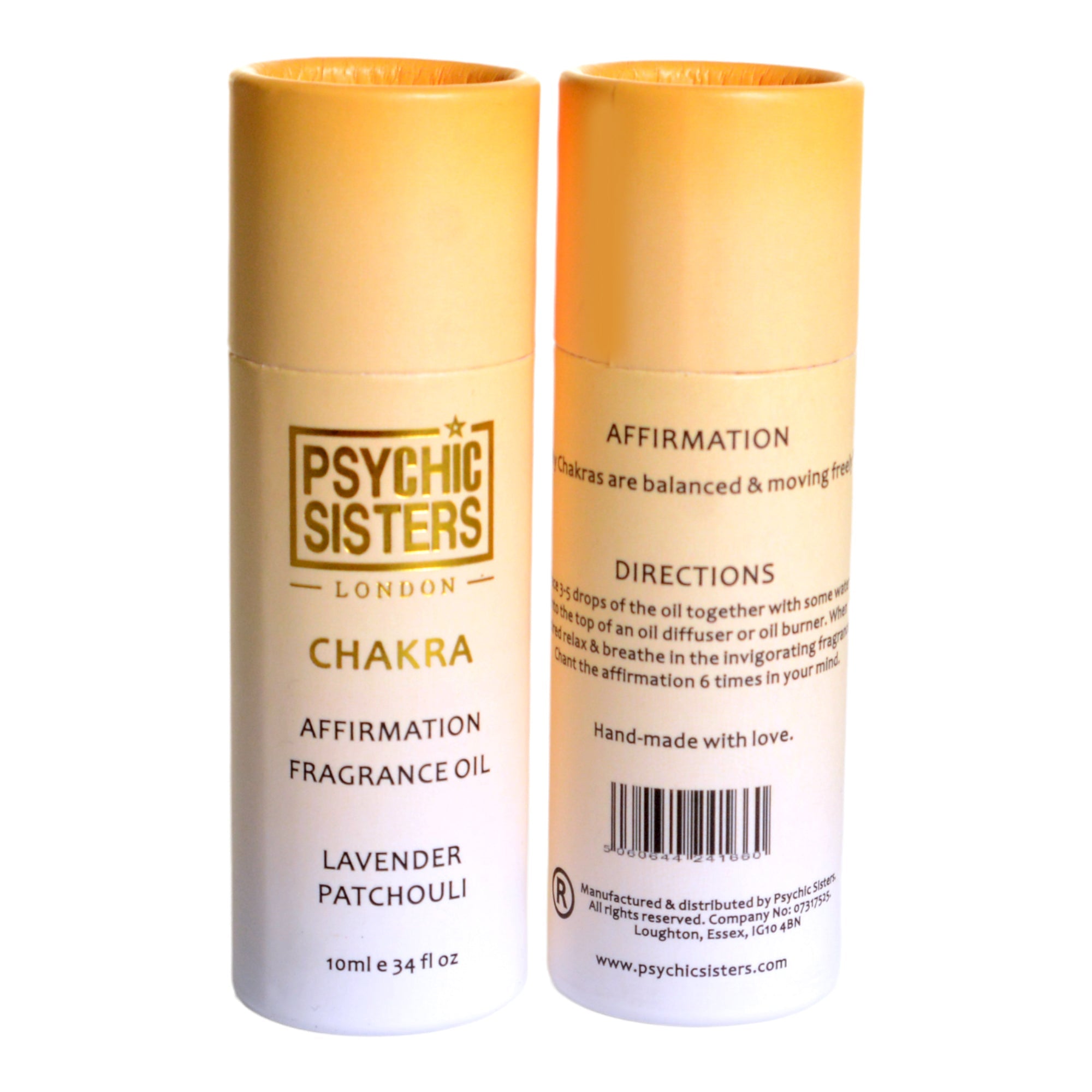 Chakra Fragrance Oil by Psychic Sisters, lavender patchouli scent in a hand-blended affirmation oil bottle.