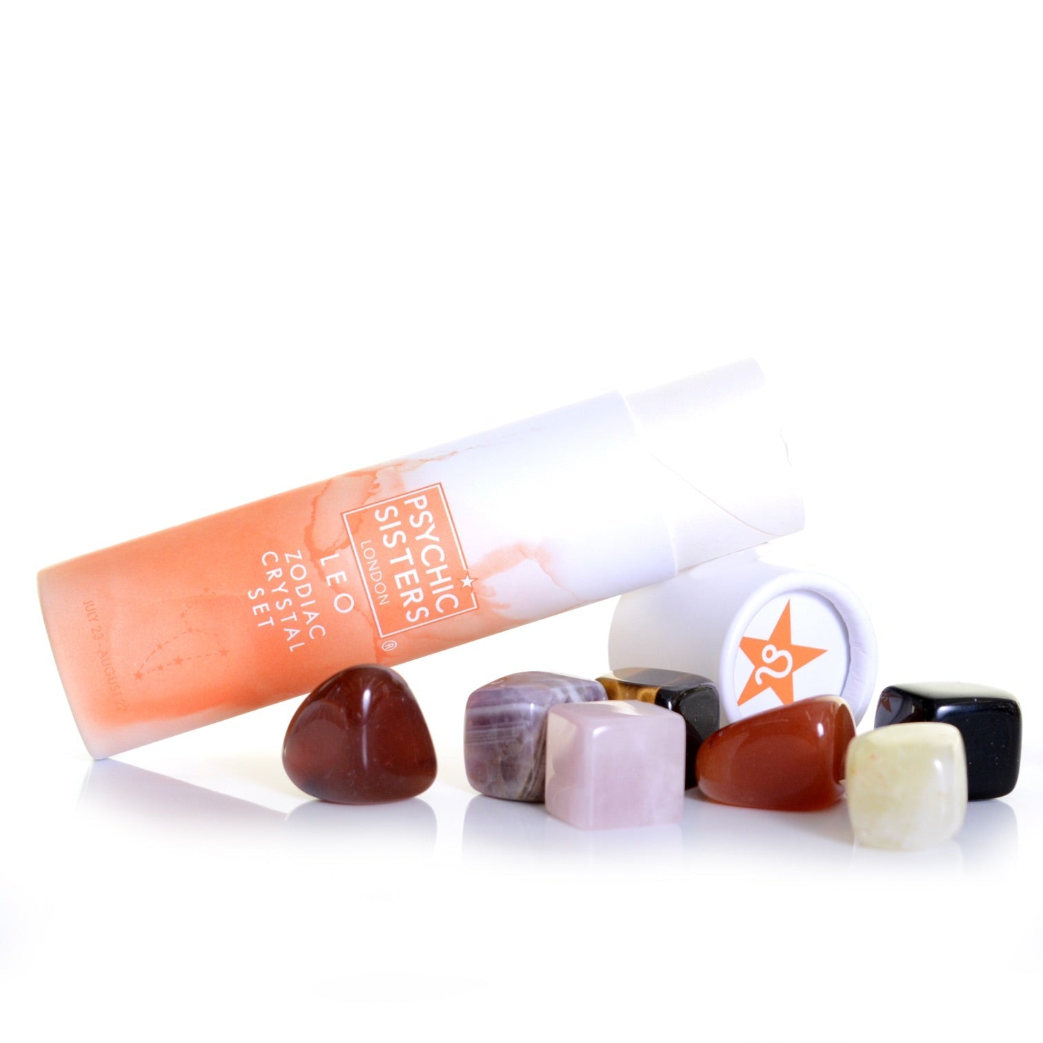 Leo Crystal Set (November 22 - December 21) with various crystals and packaging on a white background.