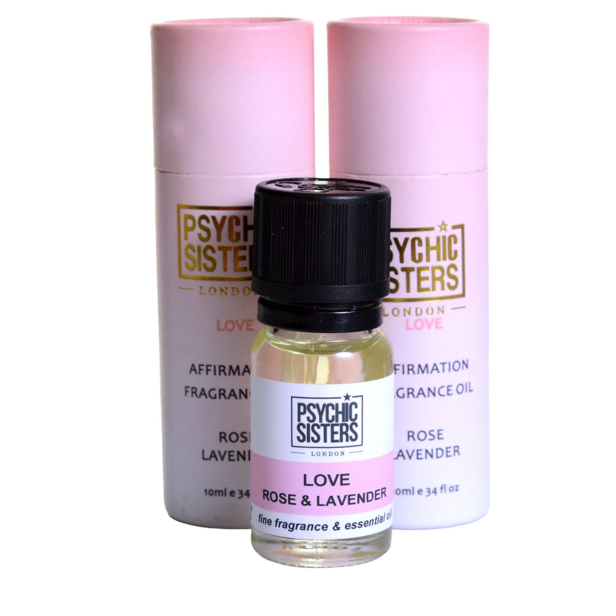 LOVE OIL by Psychic Sisters, featuring rose and lavender essential oil in stylish packaging.