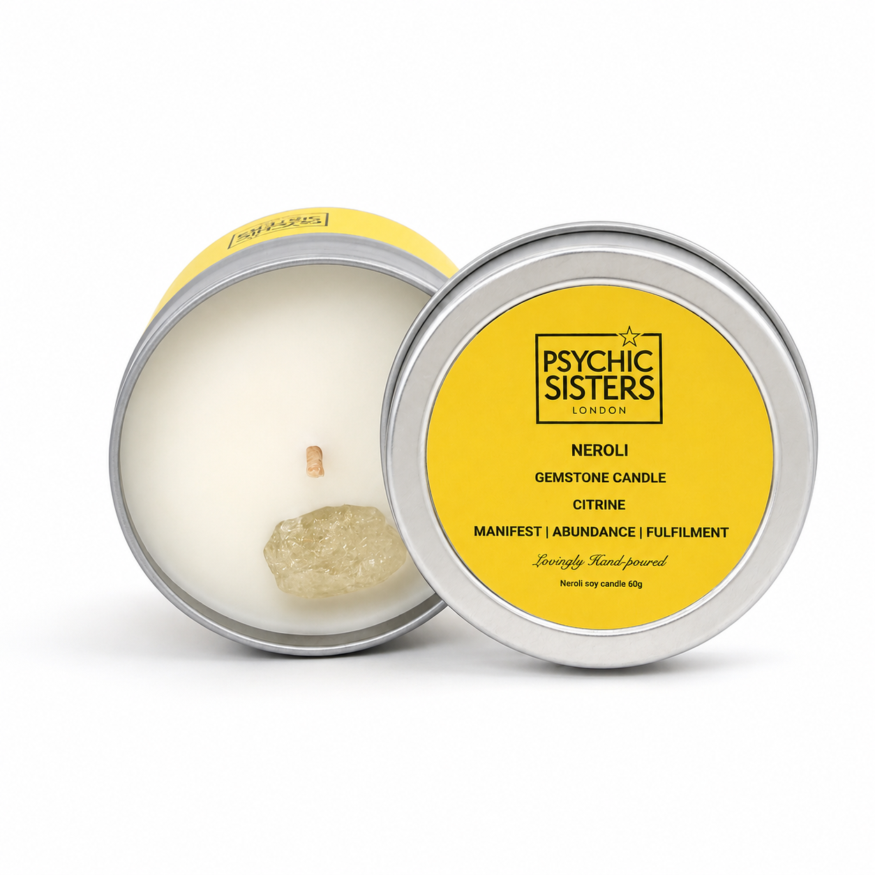 Blue Celestite Tin Candle – Bergamot Scented Crystal Candle
