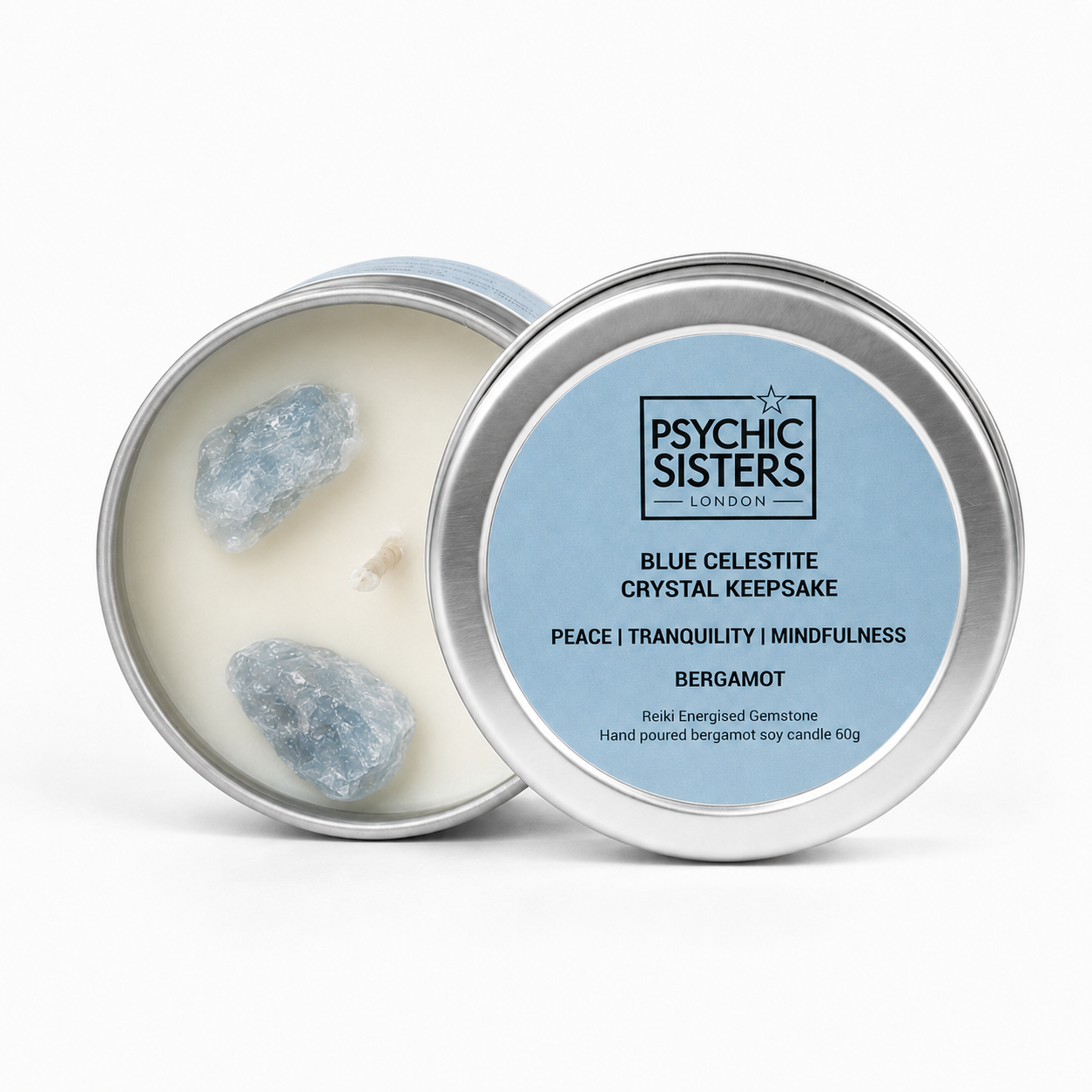 Blue Celestite Tin Candle – Bergamot Scented Crystal Candle