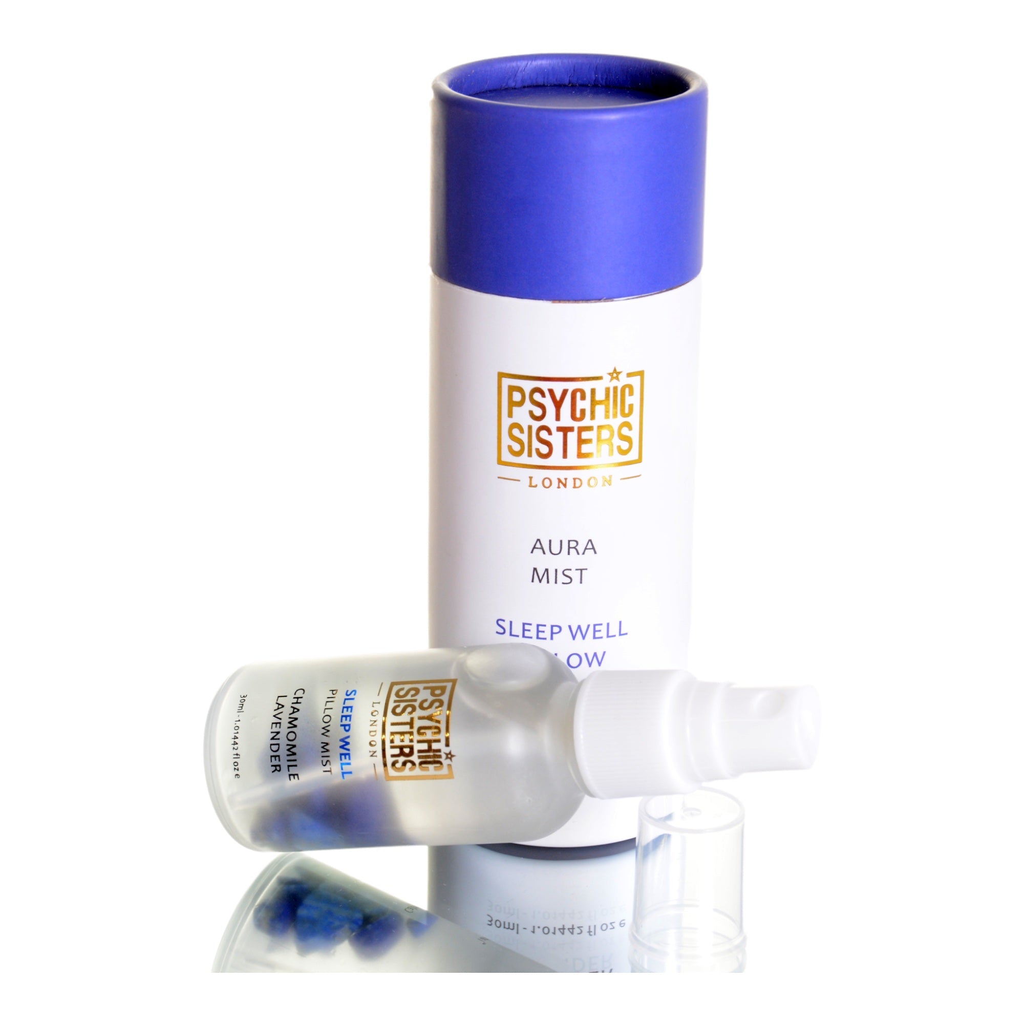 Image of Sleep Well Aura Mist products by Psychic Sisters, featuring a bottle and packaging for restful sleep.