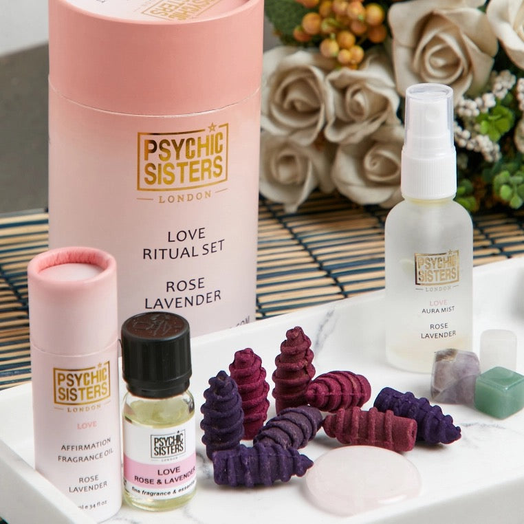 Psychic Sisters Love Ritual Set featuring rose and lavender aromatherapy and Reiki crystals for a magical experience.