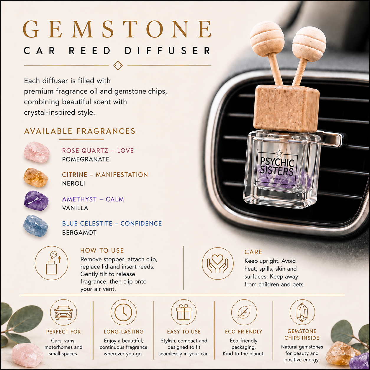 Gemstone Car Reed Diffuser 8ml | Crystal Car Air Freshener