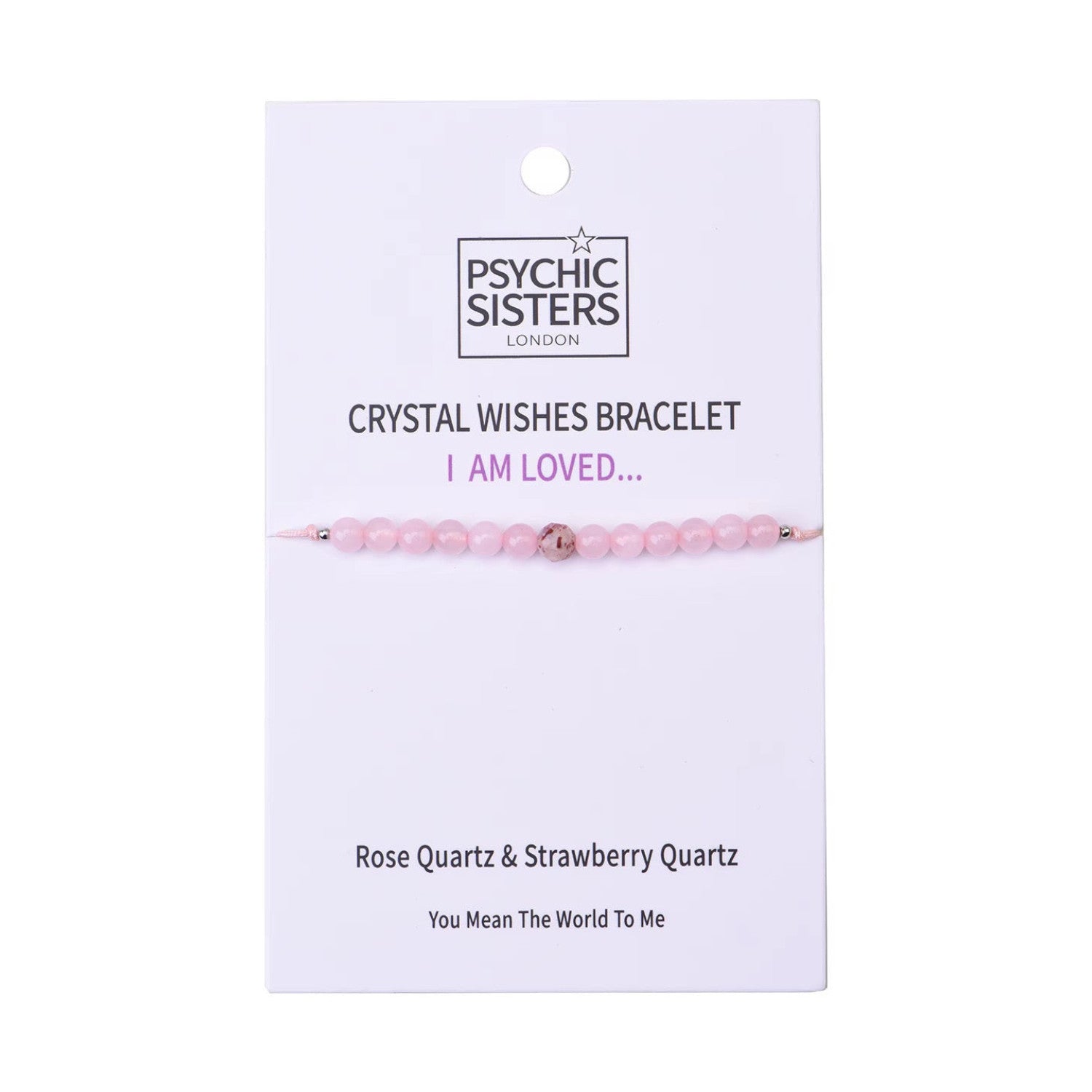 Pink crystal bracelet on a Psychic Sisters branded card