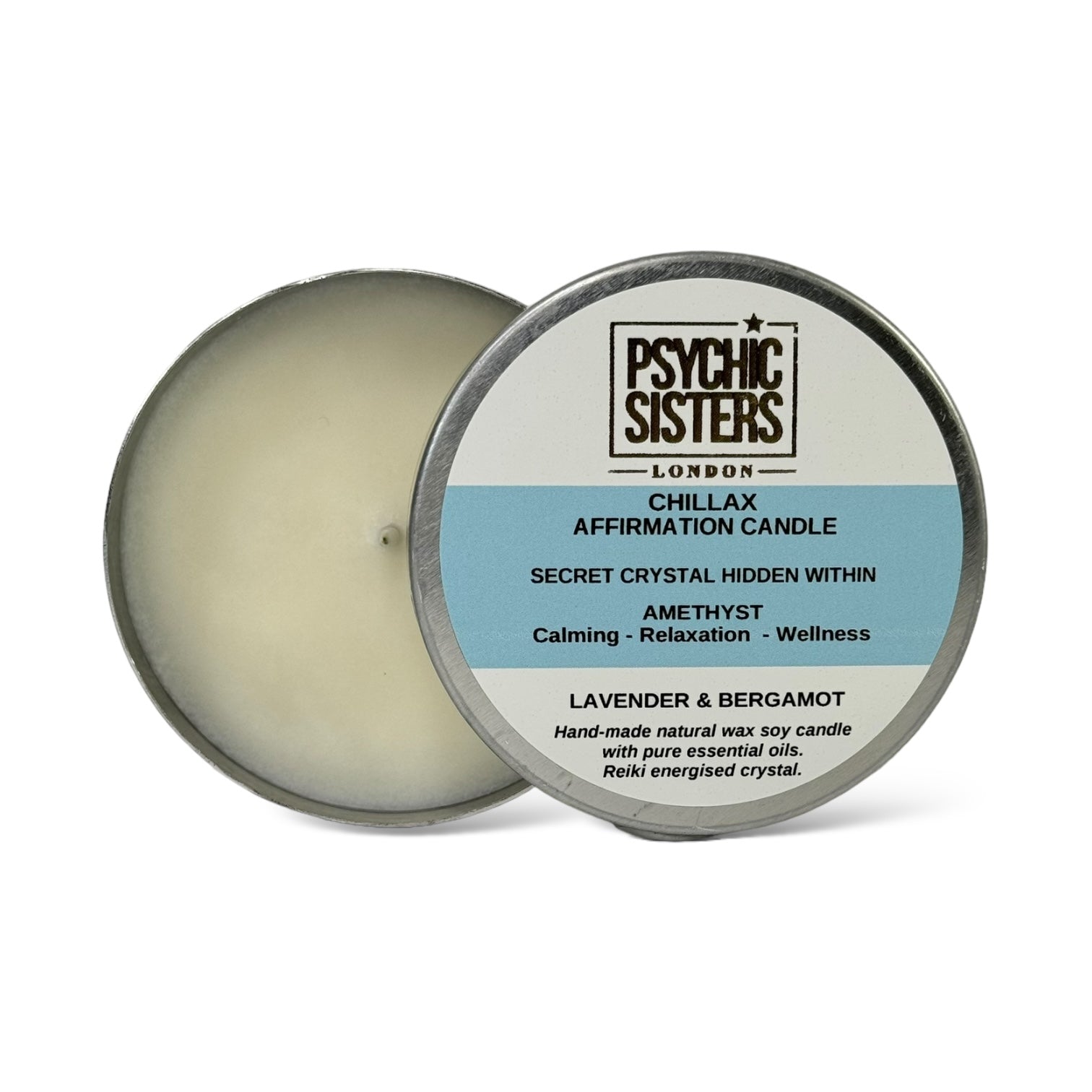 Chillax Tin Candle with lavender and bergamot, featuring hidden amethyst, from Psychic Sisters.