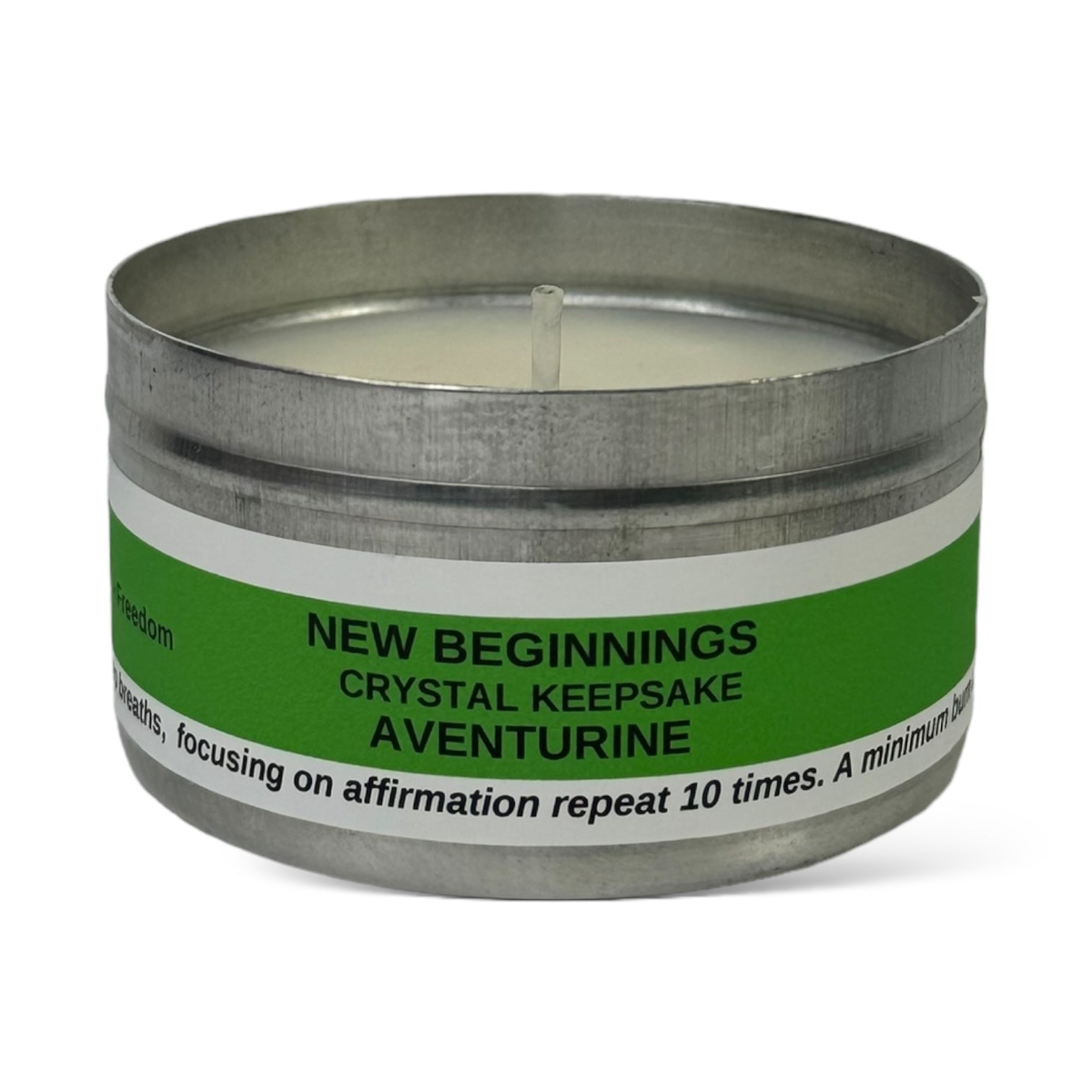 New Beginnings Tin Candle with Aventurine, luxury handmade soy for daily affirmations and relaxation.