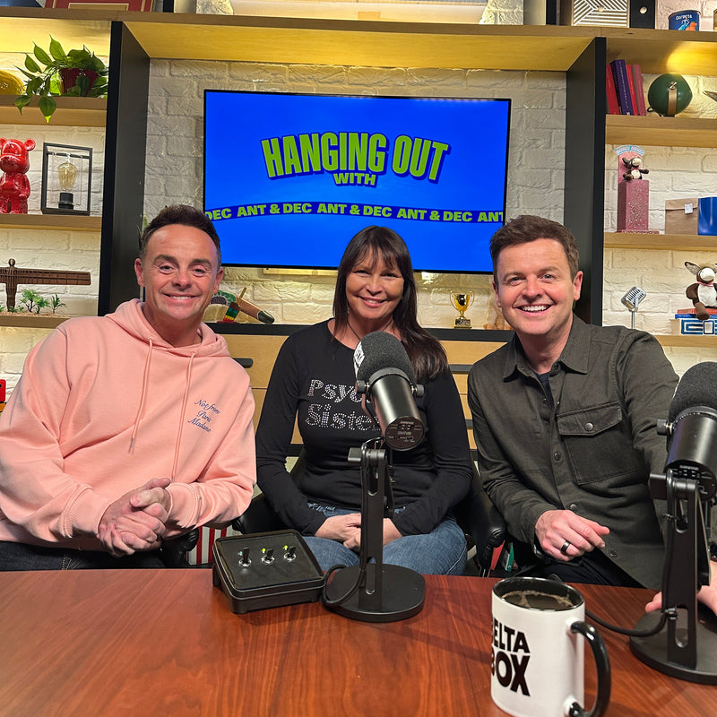 Psychic Sisters Jayne Wallace with Ant and Dec in a radio studio