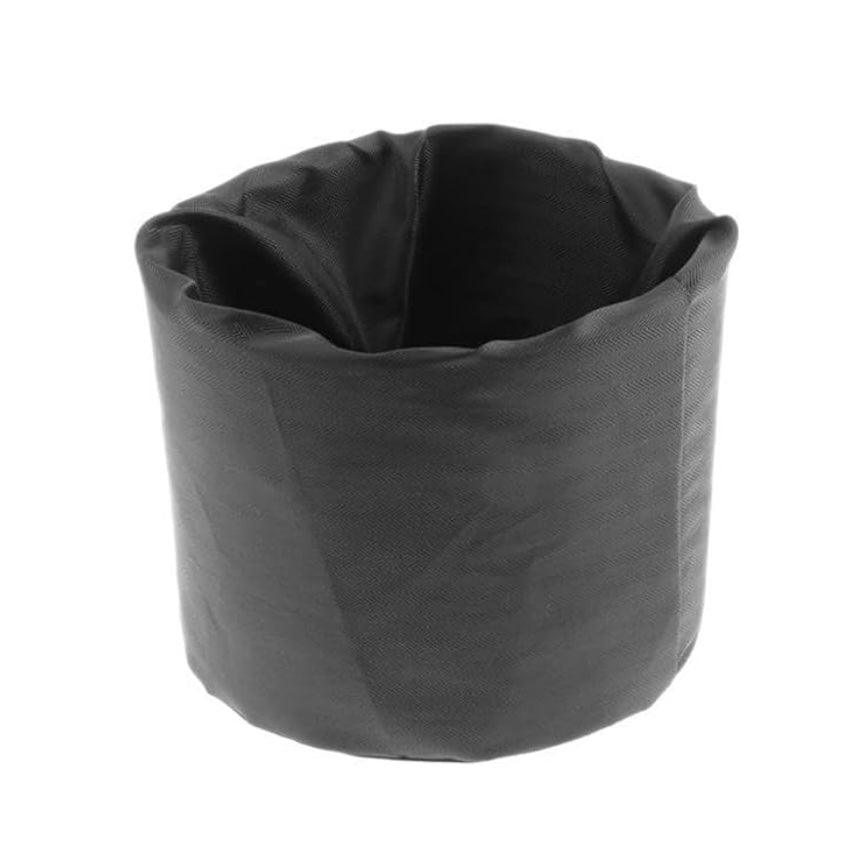 Black fabric storage bag with a cylindrical shape and soft texture.