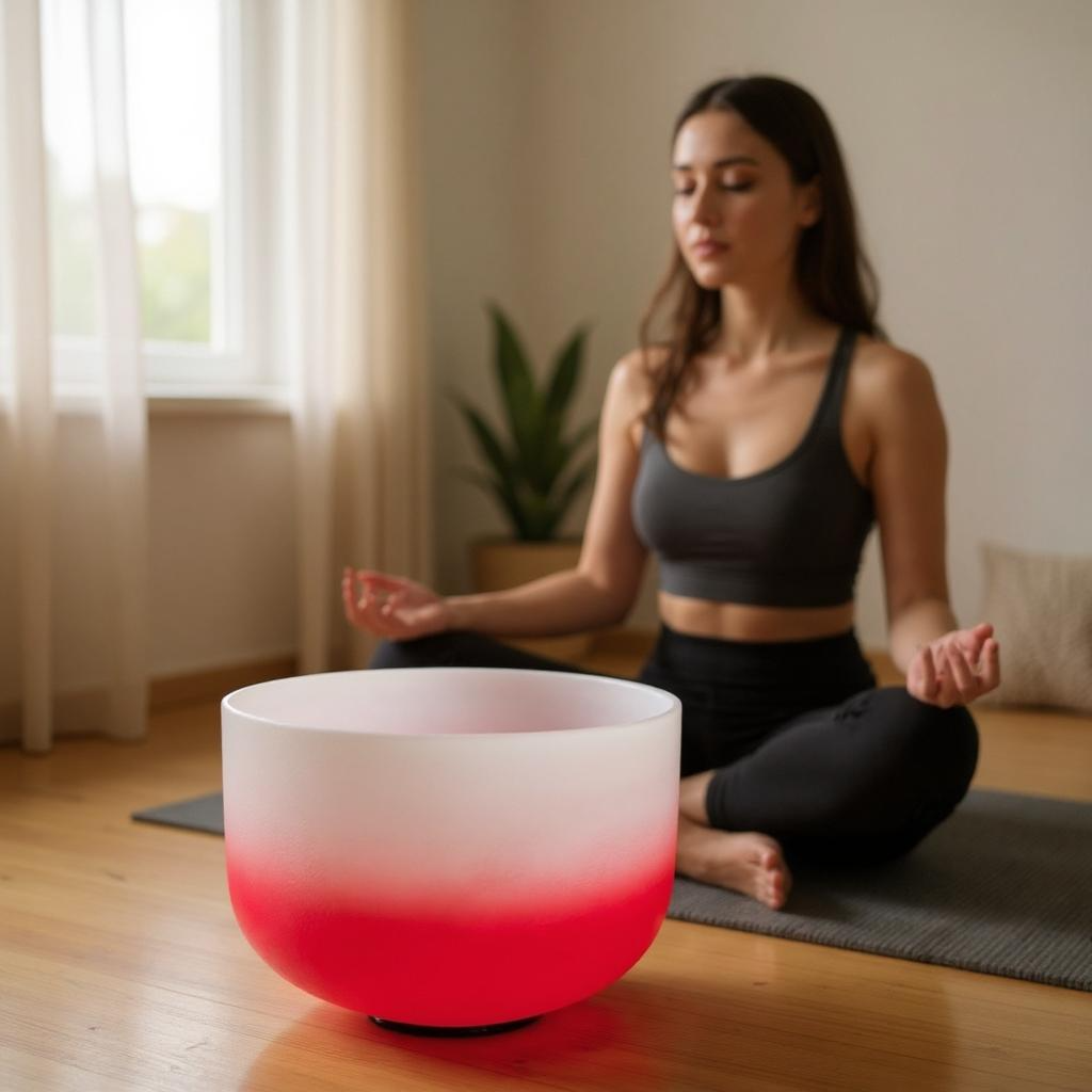 Red 12 inch crystal singing bowl C note used during meditation for grounding and chakra alignment.