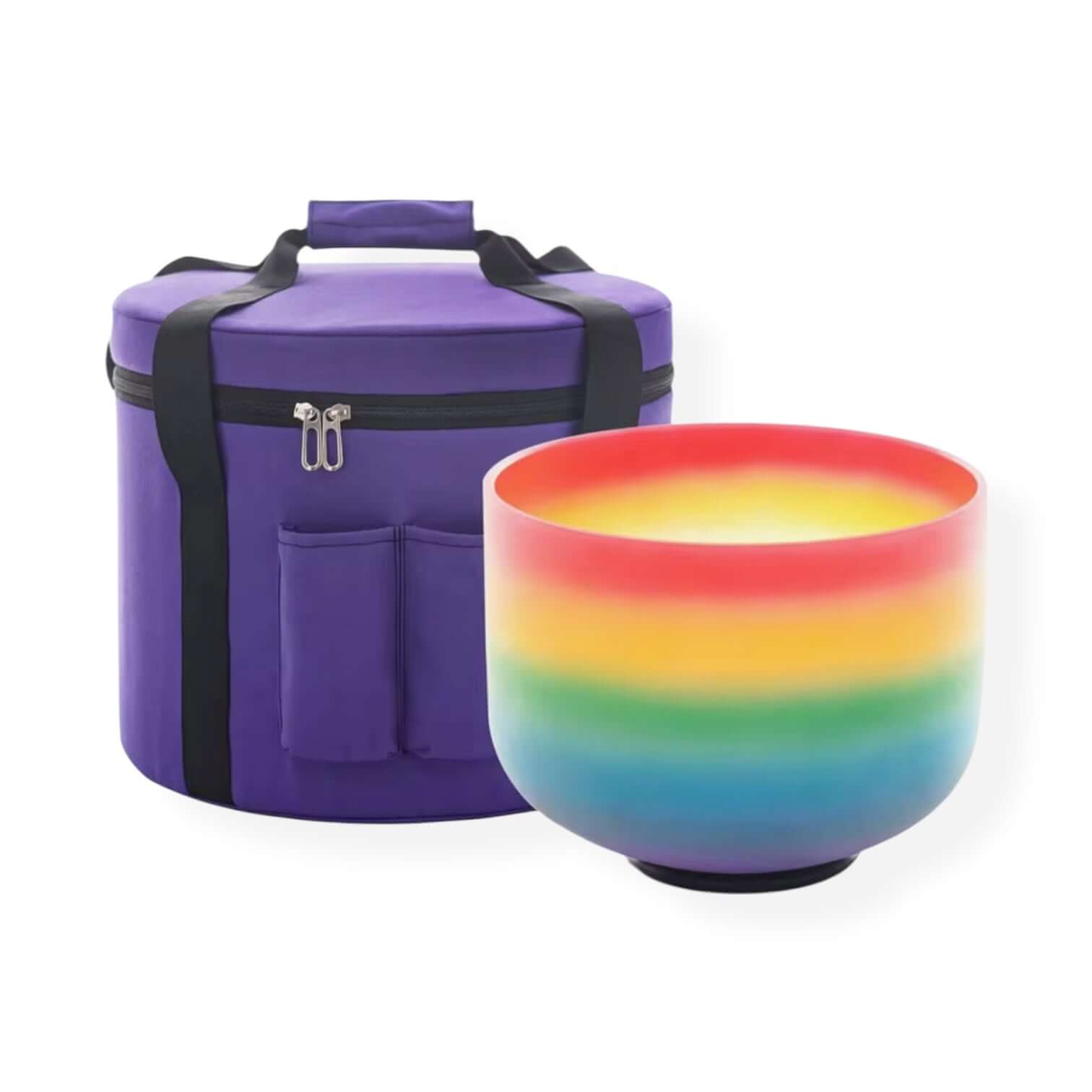 Chakra Rainbow Quartz 8" singing bowl with purple carrying case for sound healing and chakra balancing.