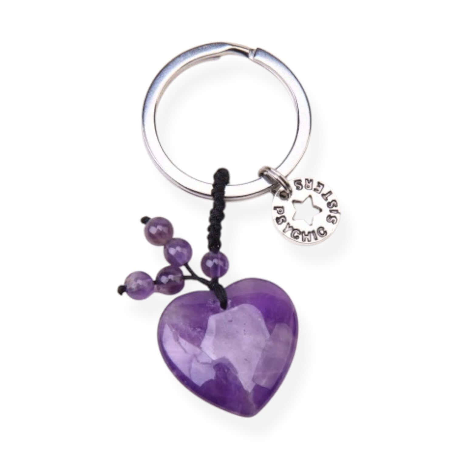 Keychain with purple heart-shaped pendant and beads on a white background