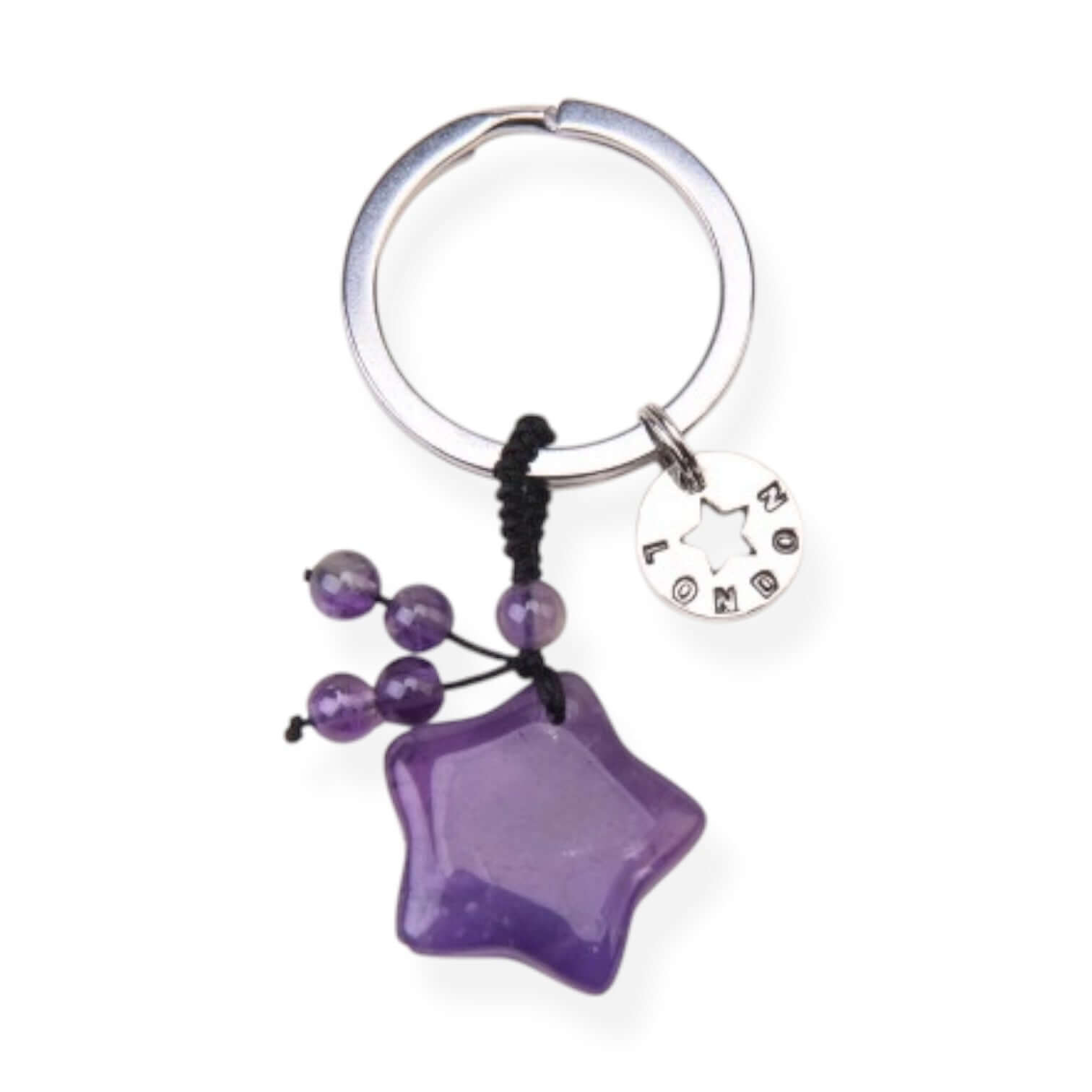 Purple star-shaped keychain with beads on a white background
