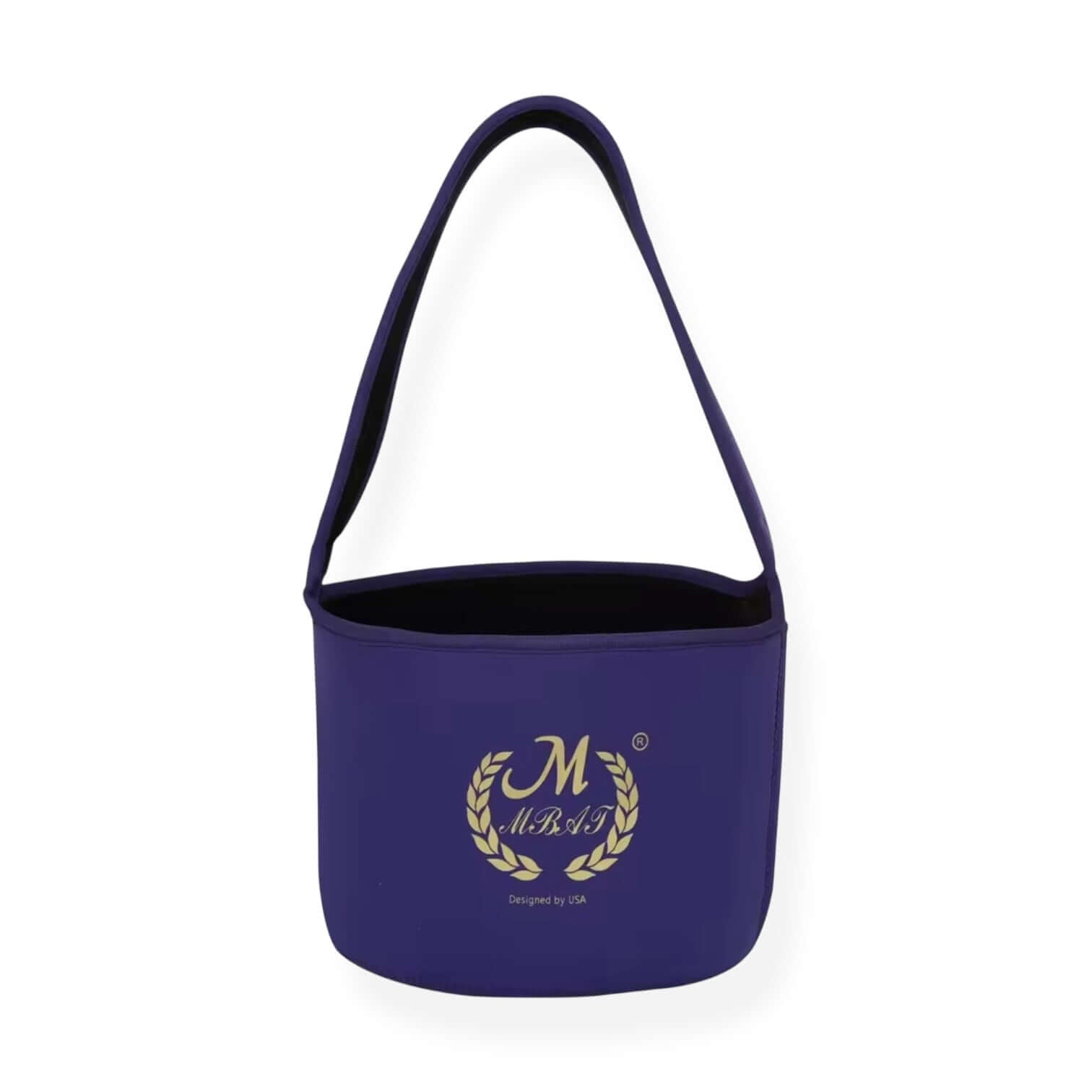 Purple bag with gold logo, stylish and versatile accessory designed for everyday use.
