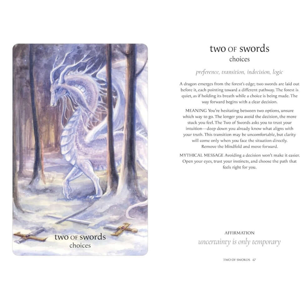 Mythical Creatures Tarot set featuring the Two of Swords card with a dragon illustration and accompanying text.