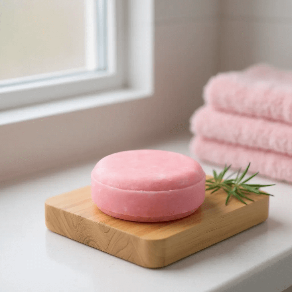 Rosemary And Biotin Shampoo Bar on a bamboo dish with green rosemary sprig and pink towels in the background.