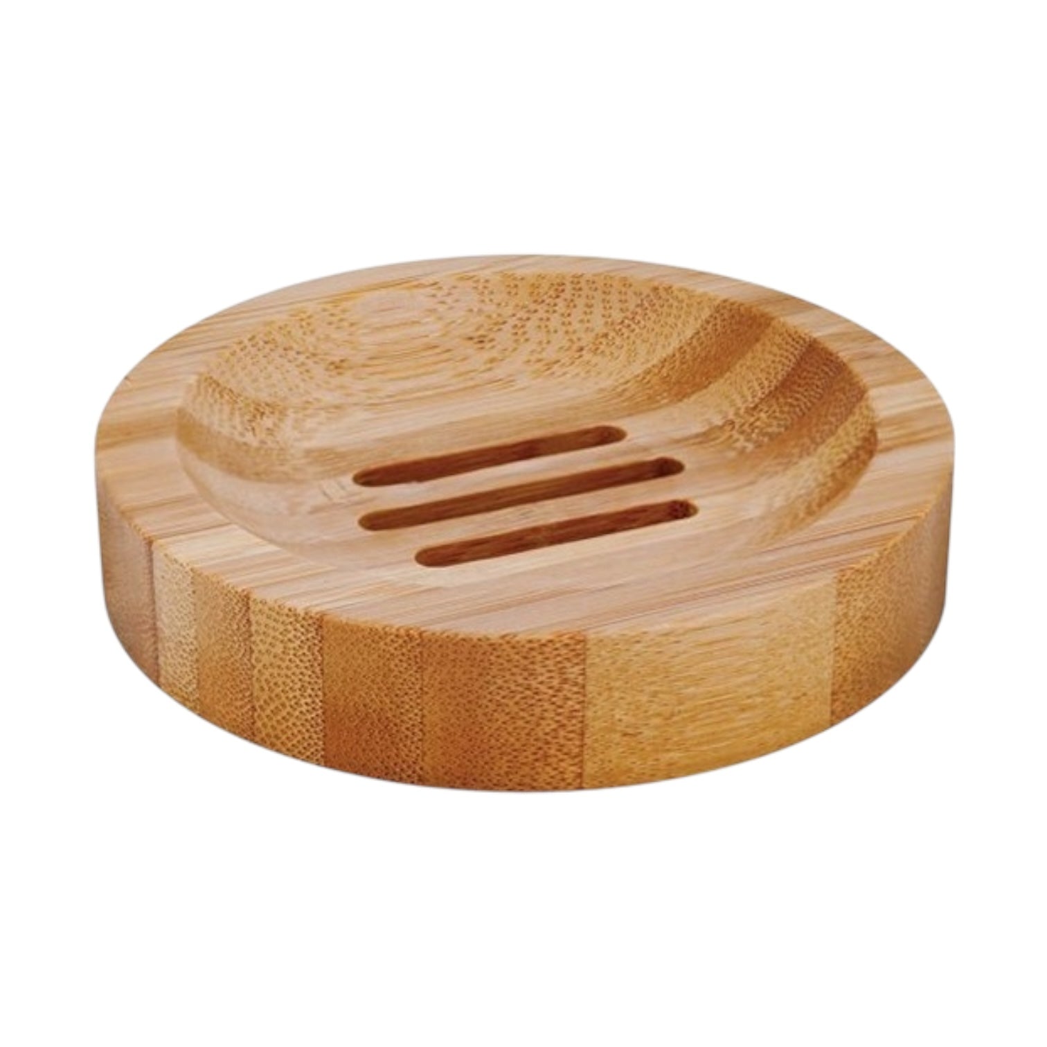 Bamboo soap dish with slotted design on a white background
