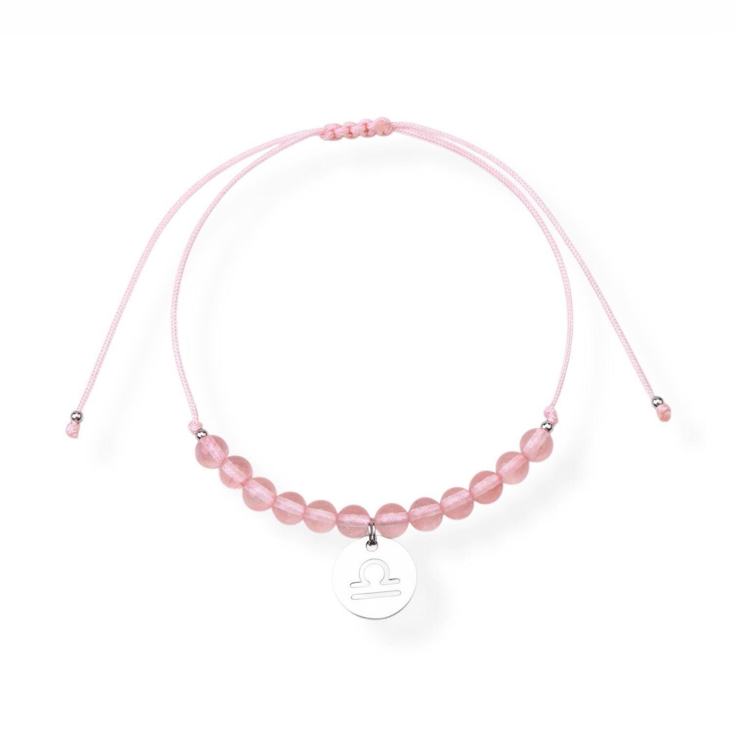 Psychic Sisters Zodiac star sign, birthstone. Pink beaded necklace with a silver tag on a white background