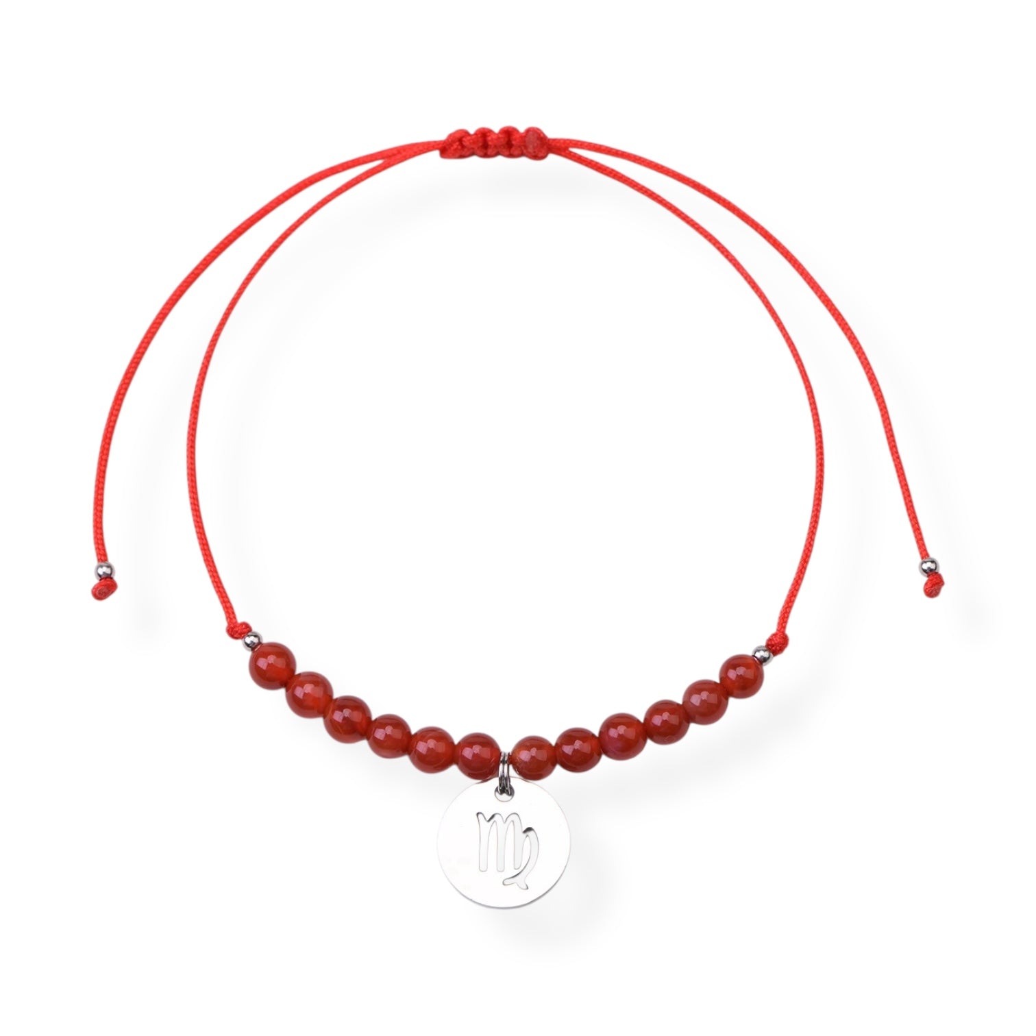 Virgo Zodiac  - Psychic Sisters - Red beaded bracelet with a silver charm on a white background