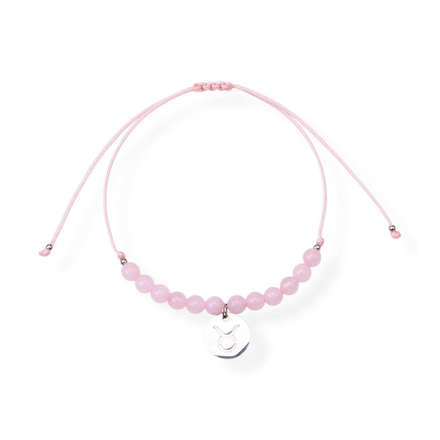 Psychic Sisters Gemstone zodiac Pink beaded necklace with a silver pendant on a white background