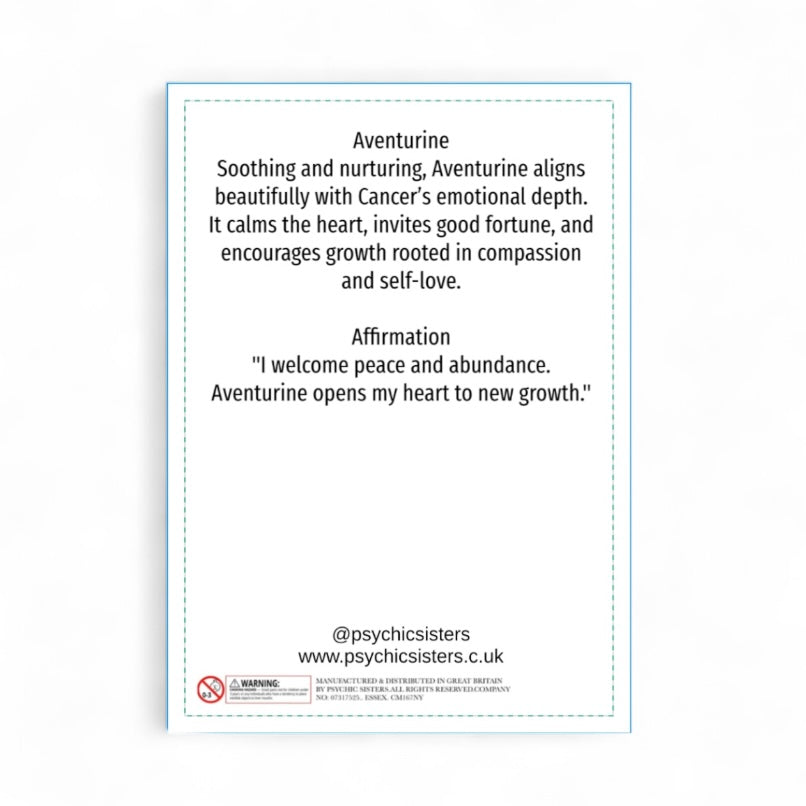 Text card about aventurine stone with benefits and affirmation on a white background