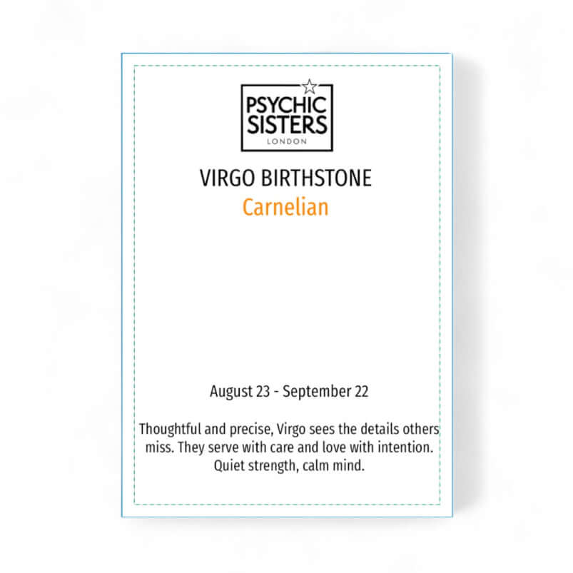 Card with 'Psychic Sisters London' branding and information about Virgo birthstone Carnelian.